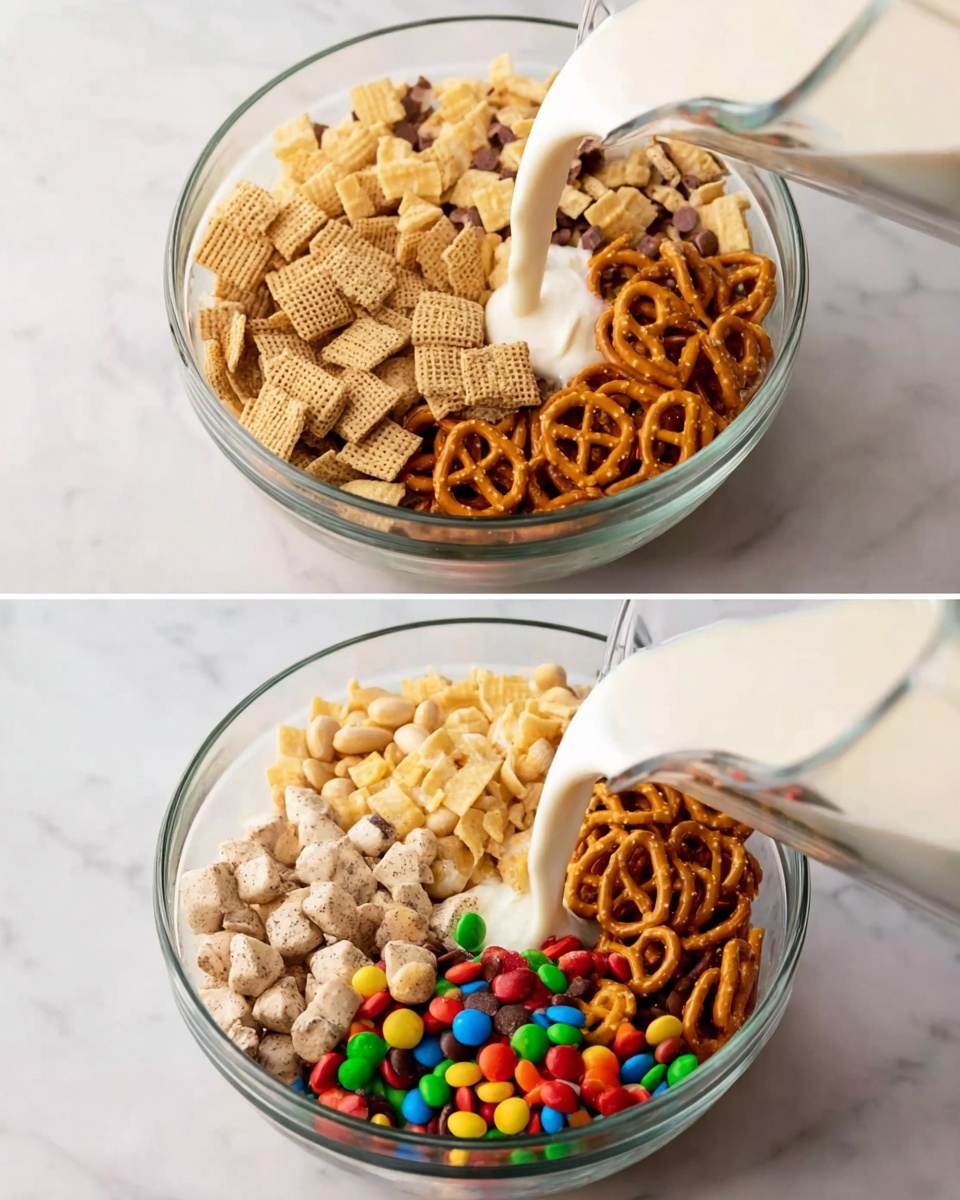 A clear glass bowl filled with different snack parts separated in sections: light brown cereal squares, pale yellow round cereal, white coated peanuts, orange pretzels, and bright multicolored candy-coated chocolate pieces. The bowl sits on a white marbled surface. In the second image, creamy white liquid is being poured over the mixed snack in the same bowl from above, creating a smooth texture. photo taken with an iphone --ar 4:5 --v 7