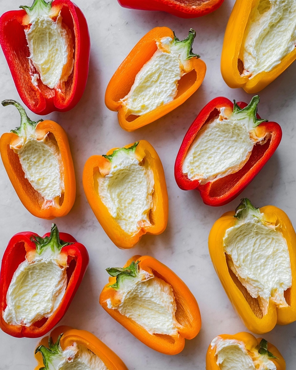 The image shows many bell pepper halves arranged neatly on a white marbled surface. There are red, orange, and yellow bell peppers, each cut lengthwise into two halves, hollowed out, and filled with a smooth, creamy white filling that looks soft and spread evenly inside each pepper. The peppers have shiny, slightly textured skin with green stems on some, creating a nice color contrast with the white filling and the marbled background. The peppers are spread out in a flat layout, showing their hollow centers clearly. photo taken with an iphone --ar 4:5 --v 7