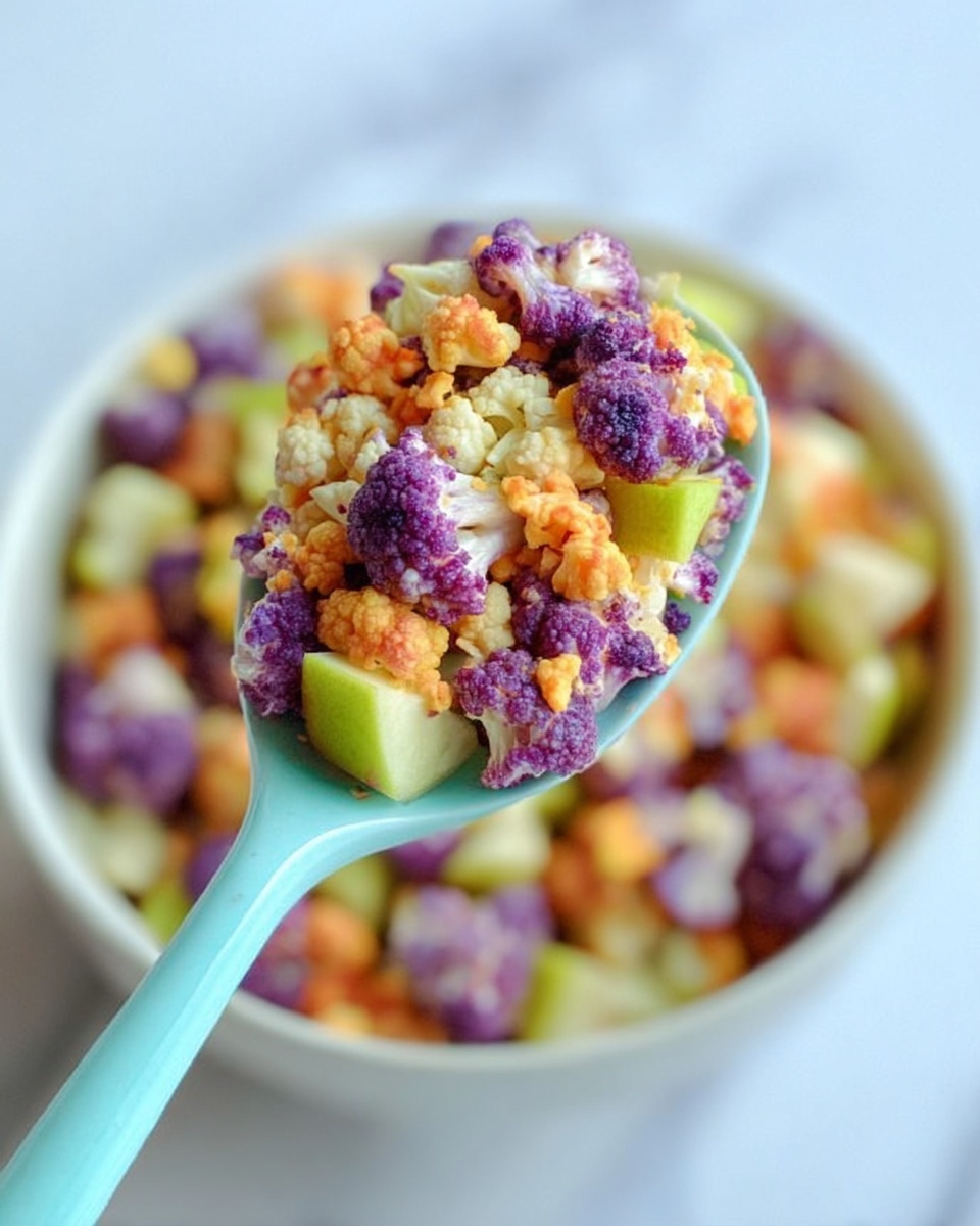 A close-up of a light blue spoon holding a colorful mix of small cauliflower florets in purple, orange, and white, along with small green apple pieces. The spoon is lifted above a white bowl filled with the same colorful mix of cauliflower and apple pieces, all set on a white marbled surface. photo taken with an iphone --ar 4:5 --v 7