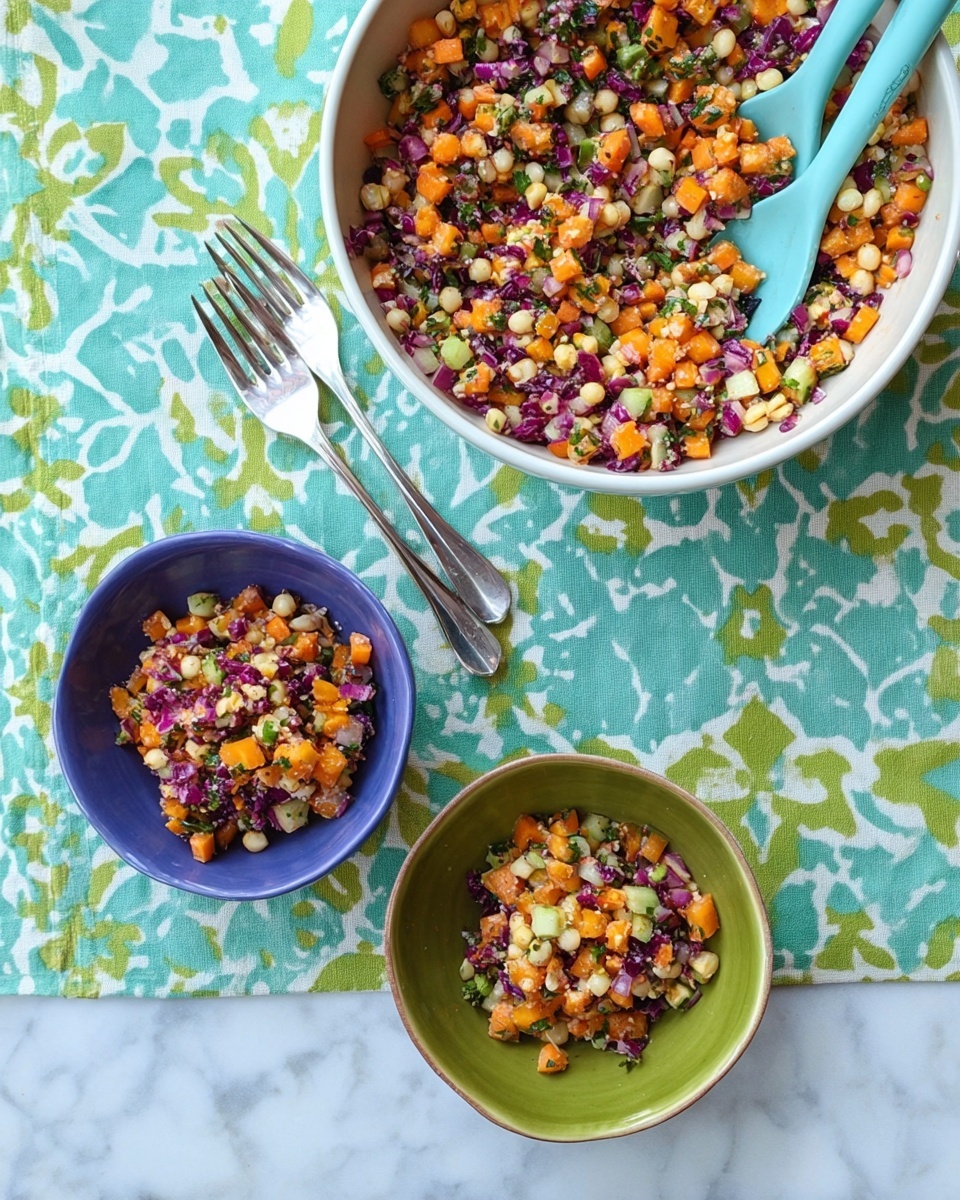 The image shows three bowls with a colorful salad made of small orange and purple pieces, mixed with small light green chunks. The big white bowl at the top center is filled with the salad and has two light blue spoons inside it. Below, there is a smaller blue bowl on the left and a smaller green bowl on the right, both containing the same salad. The bowls are placed on a table covered with a green and white patterned cloth, all on a white marbled surface. Two silver forks are placed beside the blue bowl on the left. photo taken with an iphone --ar 4:5 --v 7