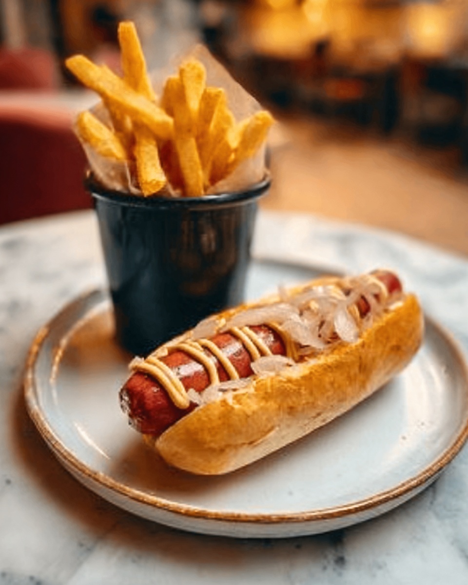 A white plate sits on a white marbled surface with a hot dog in a soft bun as the main item on the plate. The hot dog is topped with visible light-colored sauce drizzled in a zigzag pattern and thin, light onion slices spread along its length. Behind the hot dog, a small black bucket is filled with golden, crispy French fries standing upright. The background shows a blurred indoor setting with warm tones. photo taken with an iphone --ar 4:5 --v 7