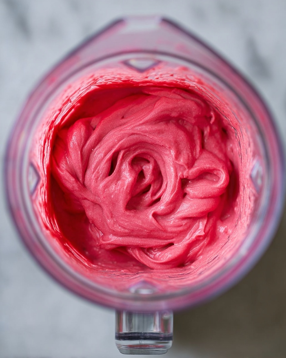 The image shows a close-up top view of a blender jar filled with a smooth, thick, bright pink mixture. The mixture has a creamy texture with swirls and peaks made by stirring or blending. The jar is clear, showing the thick mixture inside, and has a silver base. The background or surface beneath the blender is not shown clearly but should be imagined as a white marbled texture. photo taken with an iphone --ar 4:5 --v 7