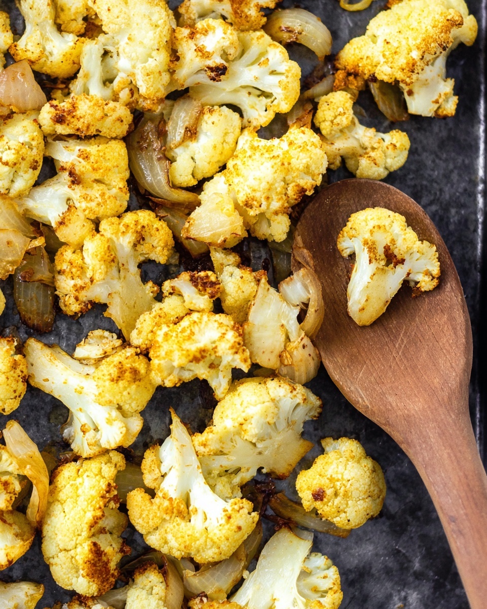 This image shows a close-up of roasted cauliflower pieces, scattered unevenly over a dark cooking pan with a rough texture. The cauliflower florets have a golden-yellow color with some browning, giving them a slightly crispy look. Among the cauliflower, there are some small pieces of roasted onion visible, adding layers of brownish-gold color. A large wooden spoon is placed on the right side of the pan, partially touching the cauliflower, with a smooth texture and a medium brown tone. The image is focused on the roasted vegetables, showing crisp edges and a lightly charred surface, all on a white marbled background. photo taken with an iphone --ar 4:5 --v 7