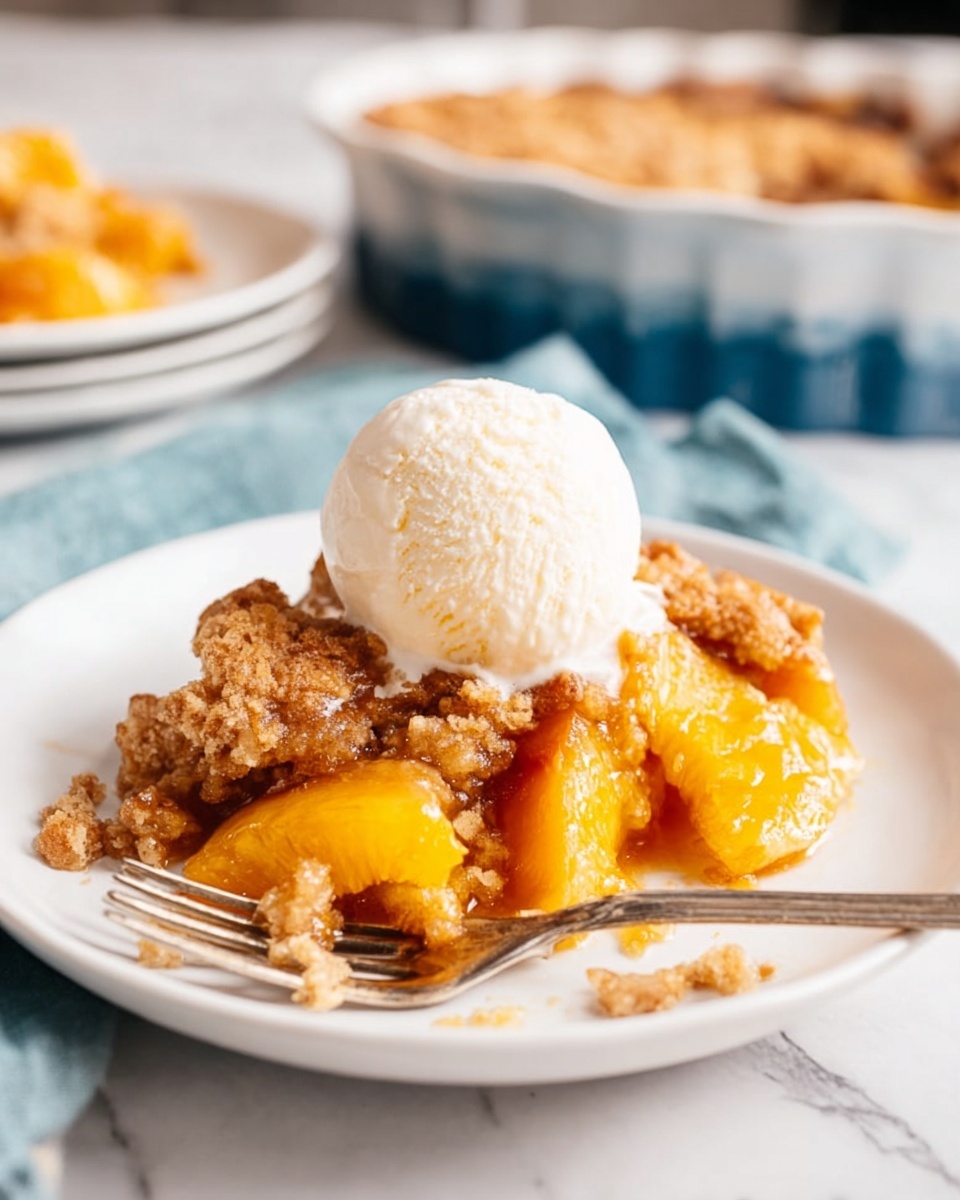 A white plate holds a serving of golden baked peach cobbler with soft, juicy peach slices forming the bottom layer. On top, there is a thick, crumbly brown crust with a slightly rough texture. A smooth, creamy white scoop of vanilla ice cream sits on the crust, slightly melting and blending with the warm peaches below. A silver fork rests on the plate beside the cobbler, with some crumbs scattered around. The plate is placed on a light blue cloth on a white marbled surface. In the background, more dessert servings and a white and blue baking dish are softly out of focus. Photo taken with an iphone --ar 4:5 --v 7