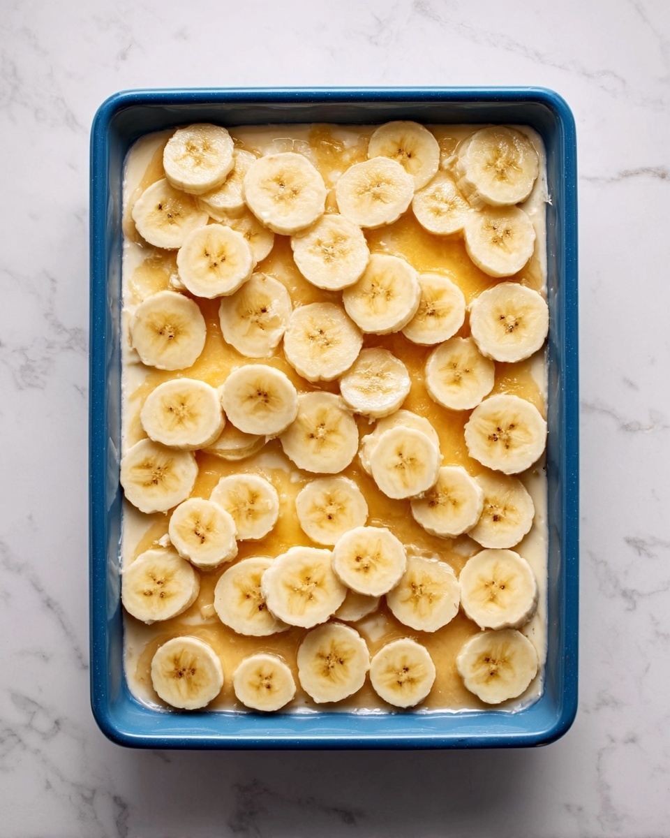 The image shows a rectangular blue tray filled with a dish that has two clear layers. The bottom layer is smooth and creamy, with a light beige color. The top layer is covered with many thin, round banana slices, all evenly placed side by side, creating a textured surface of soft yellow circles with small brown spots in the center. The tray sits on a white marbled surface. photo taken with an iphone --ar 4:5 --v 7