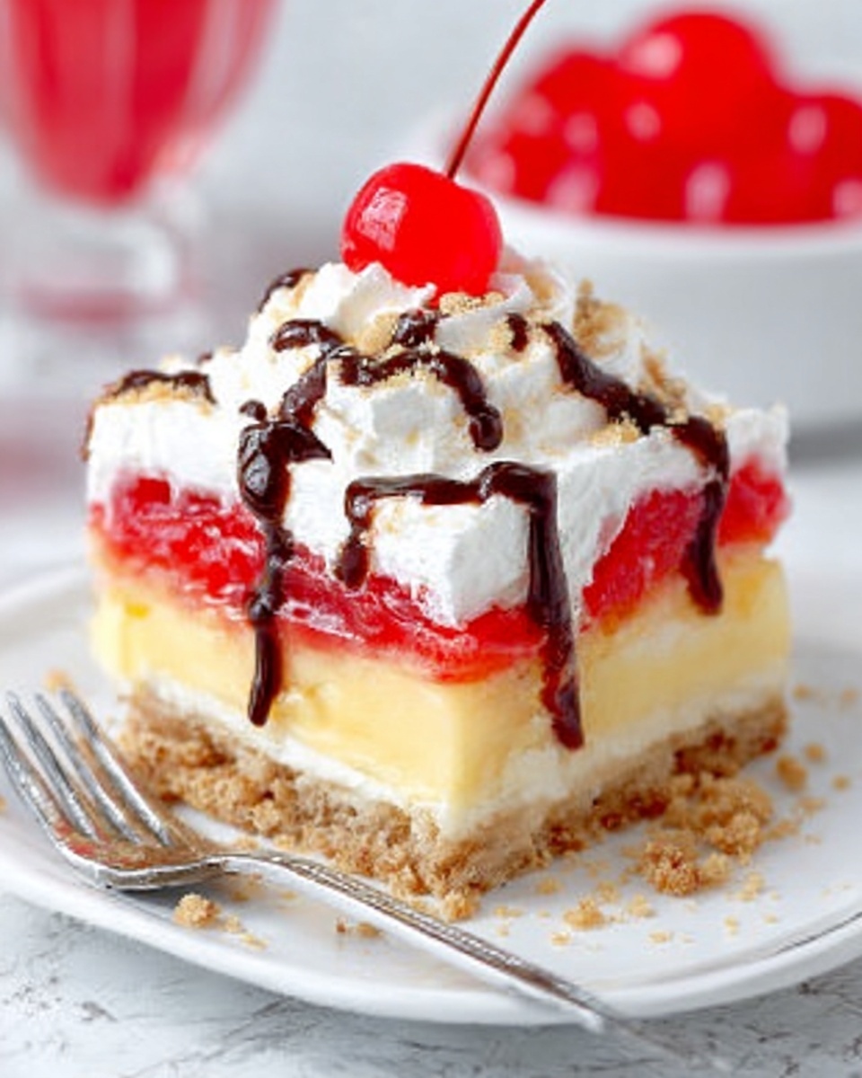 The image shows a close-up of a square layered dessert on a white plate with a white marbled surface below. The bottom layer is a crumbly light brown crust. Above that is a thick, smooth pale yellow custard layer. On top of the custard is a bright red layer of fruit or jelly. Above this red layer is a thick, fluffy white whipped topping, drizzled with dark brown chocolate syrup. The dessert is finished with a bright red cherry placed in the center on top. A silver fork is placed next to the dessert on the plate. In the background, there is a blurred white bowl filled with multiple bright red cherries. Photo taken with an iphone --ar 4:5 --v 7
