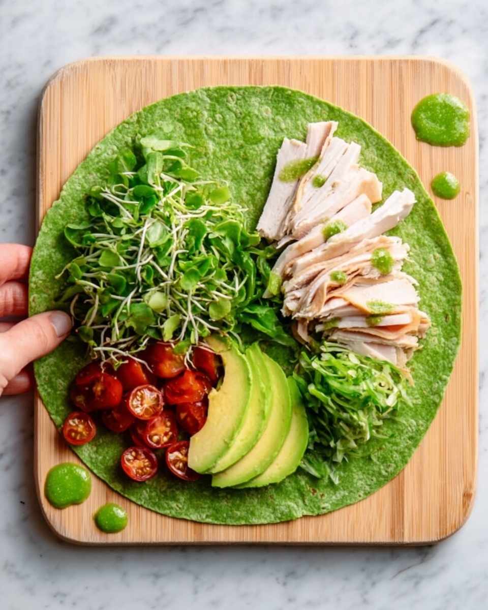 A green spinach wrap sits open on a light wood board with a white marbled background, layered evenly with fresh green lettuce and sprouts on the left half, bright red cherry tomato slices scattered around, and thin slices of light pink turkey placed neatly on the right half. Next to the turkey are two slices of pale yellow avocado. Small dollops of green sauce are placed on the board near the wrap’s edge. A woman's hand holds the wrap from the bottom left corner. Photo taken with an iphone --ar 4:5 --v 7