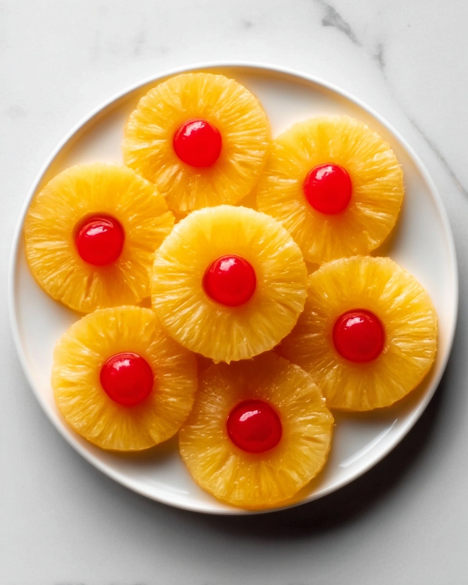 A white plate holds seven round pineapple slices arranged neatly, each topped with a small red cherry in the center. The bright yellow pineapples have a juicy, slightly textured surface, and the smooth cherries add a vibrant pop of color on top. The clean white marbled surface underneath the plate enhances the fresh, colorful look of the fruit. Photo taken with an iphone --ar 4:5 --v 7