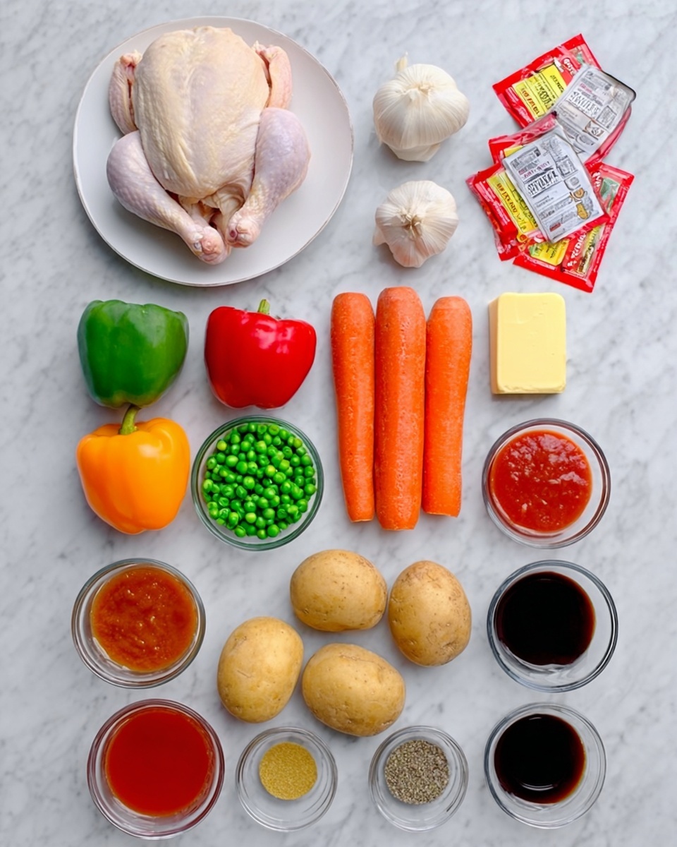 The image shows raw ingredients arranged neatly on a white marbled surface. At the top, there is a white plate holding two whole raw chicken pieces. Below and spread across in rows, colorful vegetables are placed: a green bell pepper, a red bell pepper, two orange carrots, and three brown potatoes. There are also small glass bowls filled with bright red tomato sauce and green peas. Nearby, a block of yellow butter sits next to two red sticks of what appears to be seasoning or sausages. Smaller ingredients like an onion, garlic cloves, a small bowl of dark soy sauce, a small bowl of brown sauce, black pepper, and spice packets are also arranged in a clean, organized layout. photo taken with an iphone --ar 4:5 --v 7