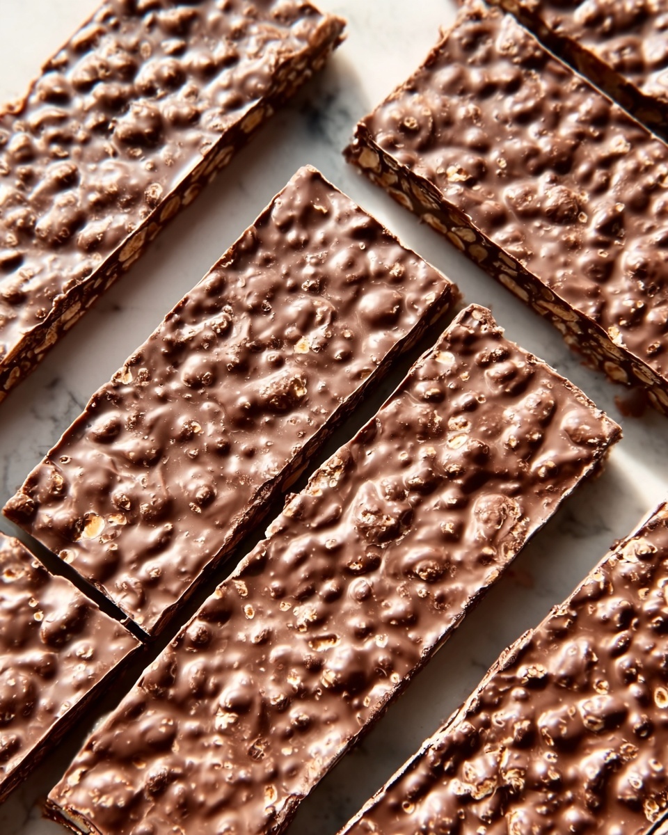The image shows several rectangular chocolate bars with a rough, bumpy texture on top. The bars are arranged closely together on a white marbled surface. The chocolate has a shiny, smooth look with small nut pieces embedded inside, adding a crunchy texture. The bars have been neatly separated but still close, showing their dark brown color clearly. The lighting highlights the glossy finish and the uneven surface made by the nuts throughout the chocolate. Photo taken with an iphone --ar 4:5 --v 7