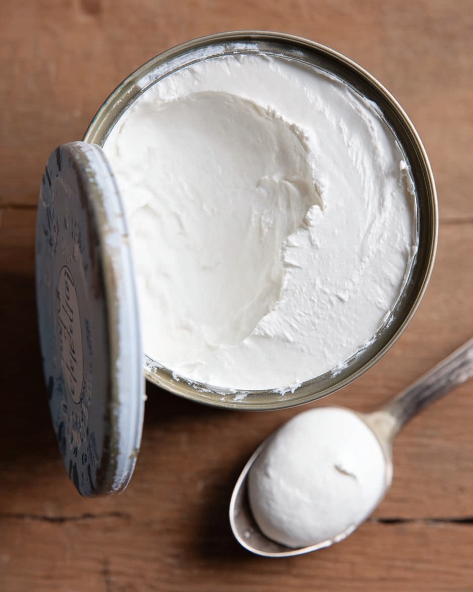 The image shows an open can of solid white coconut cream with a smooth, slightly uneven top layer, placed on a wooden surface. The inside lid of the can is held above it, showing some coconut cream sticking lightly. To the right, there is a silver spoon resting on the surface with a rounded scoop of the same white coconut cream. The textures of the coconut cream are thick and creamy, with subtle ridges on the top layer. The whole scene is simple, focusing on the rich, solid white coconut cream and metal can, set against the warm wood background. Photo taken with an iphone --ar 4:5 --v 7