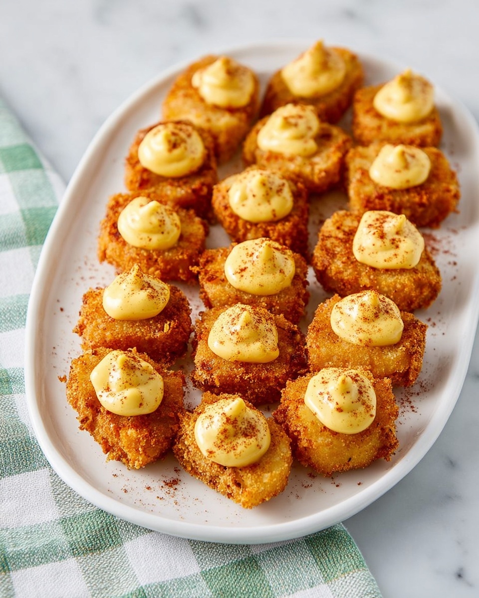 A white oval plate holds 20 pieces of fried food arranged in neat rows covering the surface. Each piece has a crispy golden brown outer layer with a coarse texture that looks crunchy. On top of each piece, there is a dollop of smooth, creamy yellow sauce sprinkled with a light dusting of reddish powder, adding color contrast. The plate sits on a white marbled surface next to a cloth with green and white checks. The lighting is bright and natural, highlighting the crispiness and creaminess of the dish. photo taken with an iphone --ar 4:5 --v 7