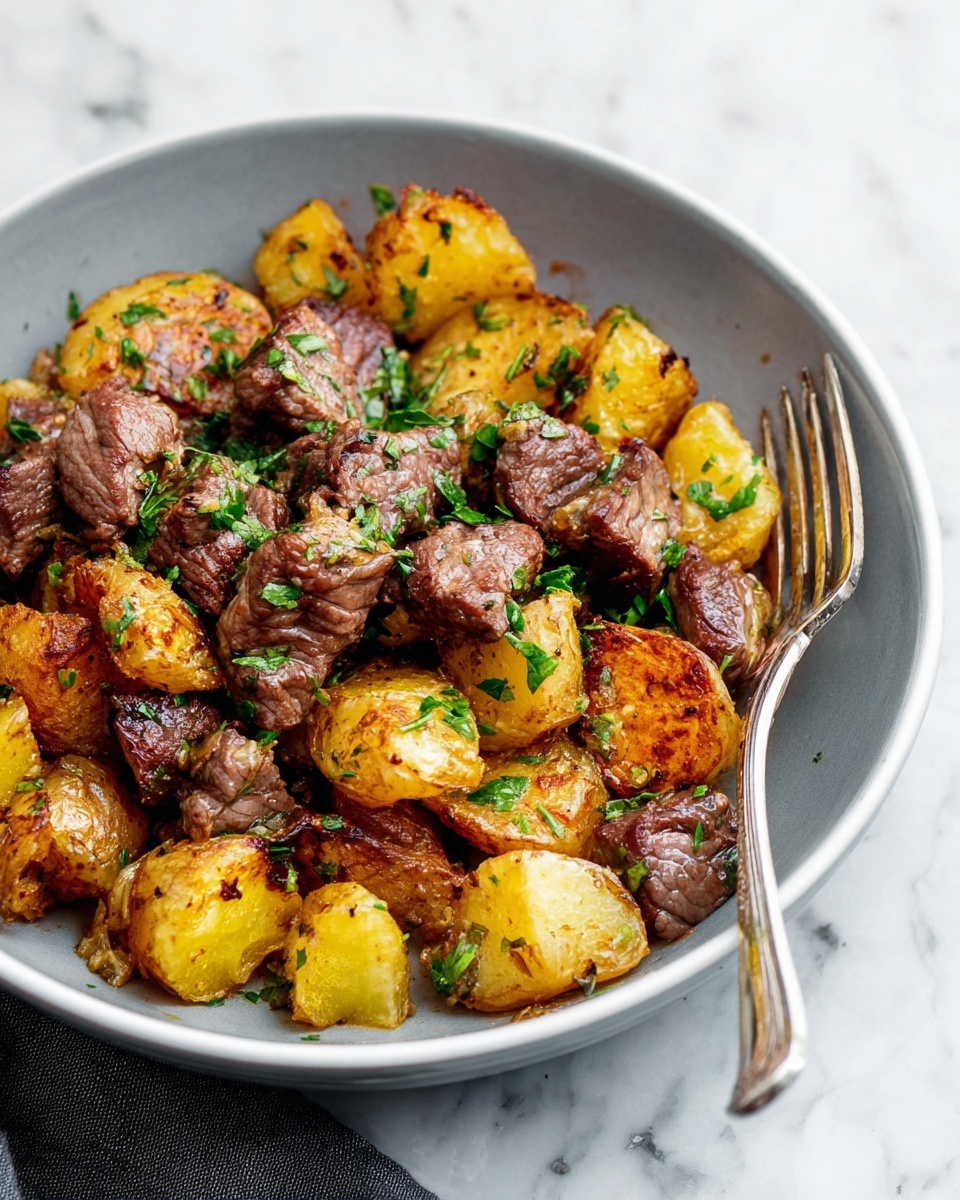 The dish shows a white bowl filled with two main layers: the bottom layer consists of golden-brown roasted potato chunks, which look crisp on the outside with some darker browned edges, while the top layer has tender, medium-cooked beef pieces with a slight sear and sprinkled with green chopped herbs. The beef pieces are a mix of light and dark brown with a juicy texture. A silver fork rests on the right side of the bowl, partially inside the food. The bowl sits on a white marbled surface. photo taken with an iphone --ar 4:5 --v 7