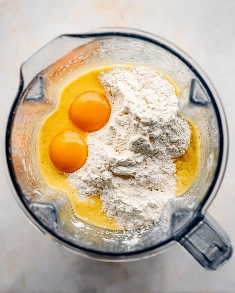 Inside a clear blender jar, there are several ingredients layered together on a white marbled surface. At the bottom, there is a wet yellowish liquid with two raw egg yolks, bright orange in color, sitting side by side toward the left. On top of this, there is a thick layer of white flour that covers part of the yolks. Around the edge, a woman's hand is holding the blender jar, showing only the fingers from the bottom left. The background outside the blender is a white marbled texture. photo taken with an iphone --ar 4:5 --v 7