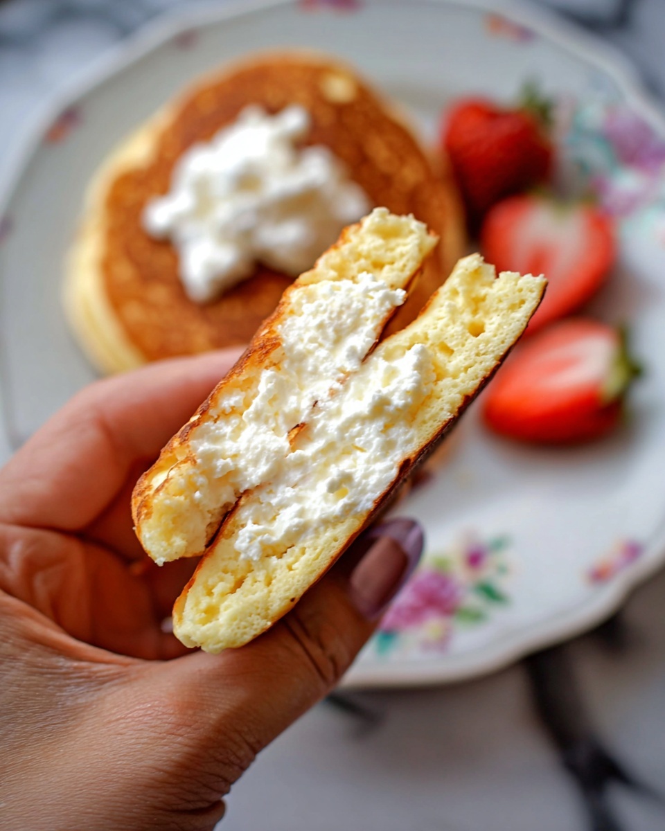 A close-up image shows a woman's hand holding a thick pancake piece that is golden-brown on the outside with a soft, light yellow inside filled with white cottage cheese. In the background on a white plate with a floral design, there is a whole pancake topped with more white cottage cheese and some red strawberries on the side. The surface beneath is a white marbled texture. photo taken with an iphone --ar 4:5 --v 7