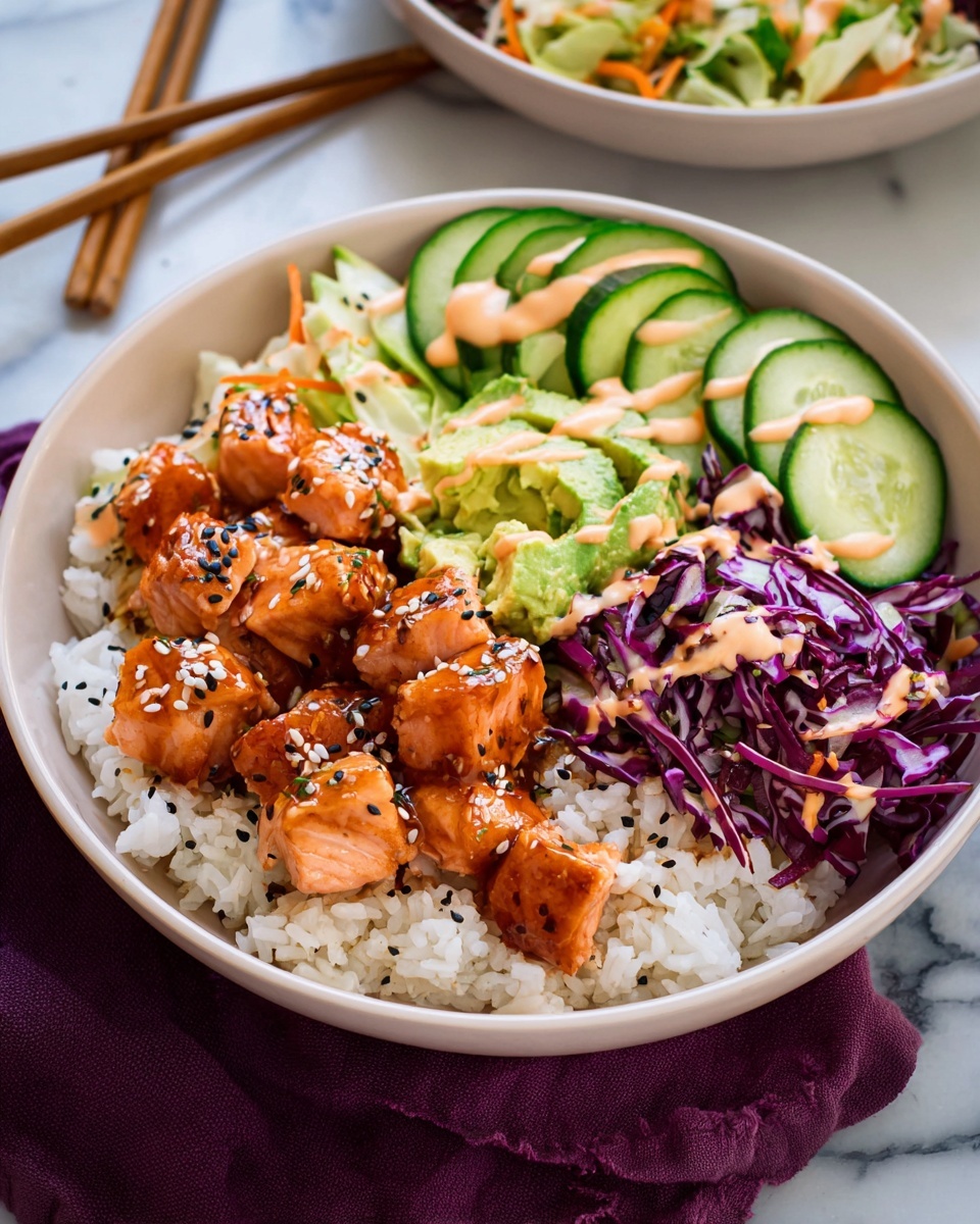 The dish is a white bowl filled with four main layers. The bottom layer is a bed of white rice covering the whole bowl. On one side, there are small, shiny orange-brown glazed salmon chunks sprinkled with white and black sesame seeds. Next to the salmon, thin, bright green cucumber slices are arranged in a row. Beside the cucumbers, there is a colorful mix of shredded purple cabbage, light green lettuce, and some carrots. The top of the dish is drizzled with a light orange sauce. The bowl sits on a white marbled surface with wooden chopsticks and a purple cloth nearby, photo taken with an iphone --ar 4:5 --v 7