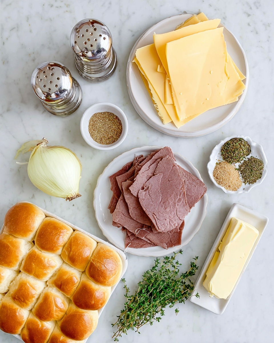 Quick and Easy French Dip Sliders Recipe 4 The image shows an arrangement of sandwich ingredients on a white marbled surface. There are three main layered plates: one with thinly sliced light yellow cheese rounds stacked, another with folded slices of brown roast beef, and two small white bowls, one with a mix of dried herbs and spices, and the other with a coarse blend of peppery seasoning. Nearby are a salt shaker and a pepper grinder, both with shiny metallic tops. Fresh green thyme sprigs are in a small container, next to them is a stick of pale yellow butter, and a whole yellow onion with some thyme on it. At the bottom left, there is a white tray filled with soft, golden-brown sandwich rolls made up of a tight grid of 12 small buns. photo taken with an iphone --ar 4:5 --v 7