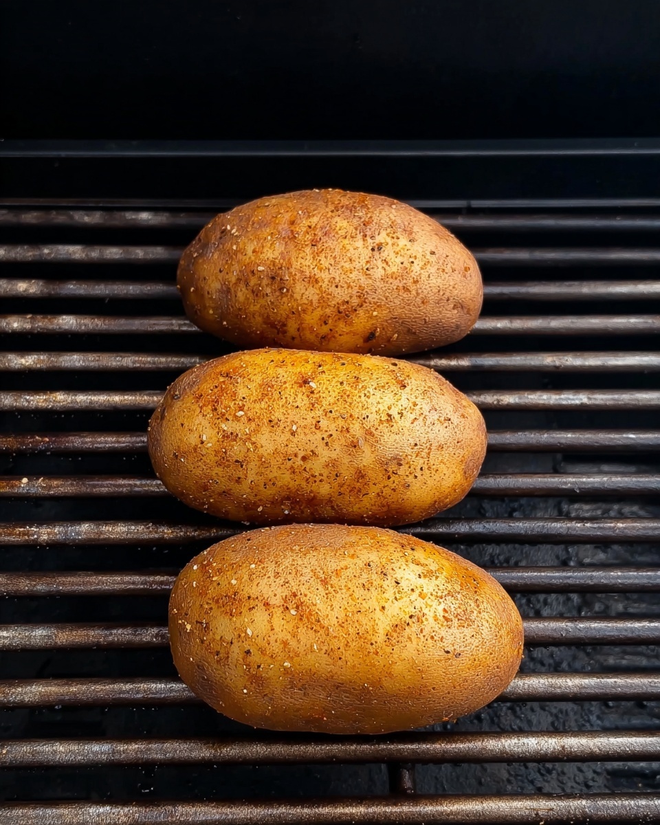 Three whole medium-sized potatoes with a rough, brownish skin are placed in a row on a dark grill grate. Each potato is covered evenly with a light coating of seasoning that has a slightly grainy texture. The grill bars beneath show some wear with a mix of dark and silver-gray tones. The photo captures the potatoes from a slightly high angle against a black grill background. photo taken with an iphone --ar 4:5 --v 7