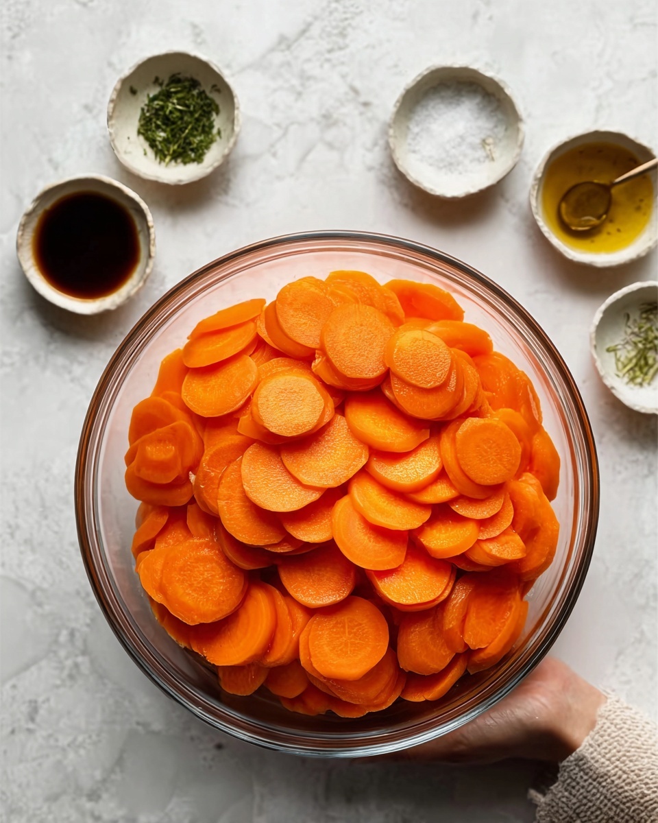 A clear glass bowl filled with bright orange carrot slices layered evenly inside, resting on a white marbled surface. The bowl is surrounded by small white dishes with green herbs, salt, and dark soy sauce. A woman's hand is holding the bowl steadily from the side. Photo taken with an iphone --ar 4:5 --v 7