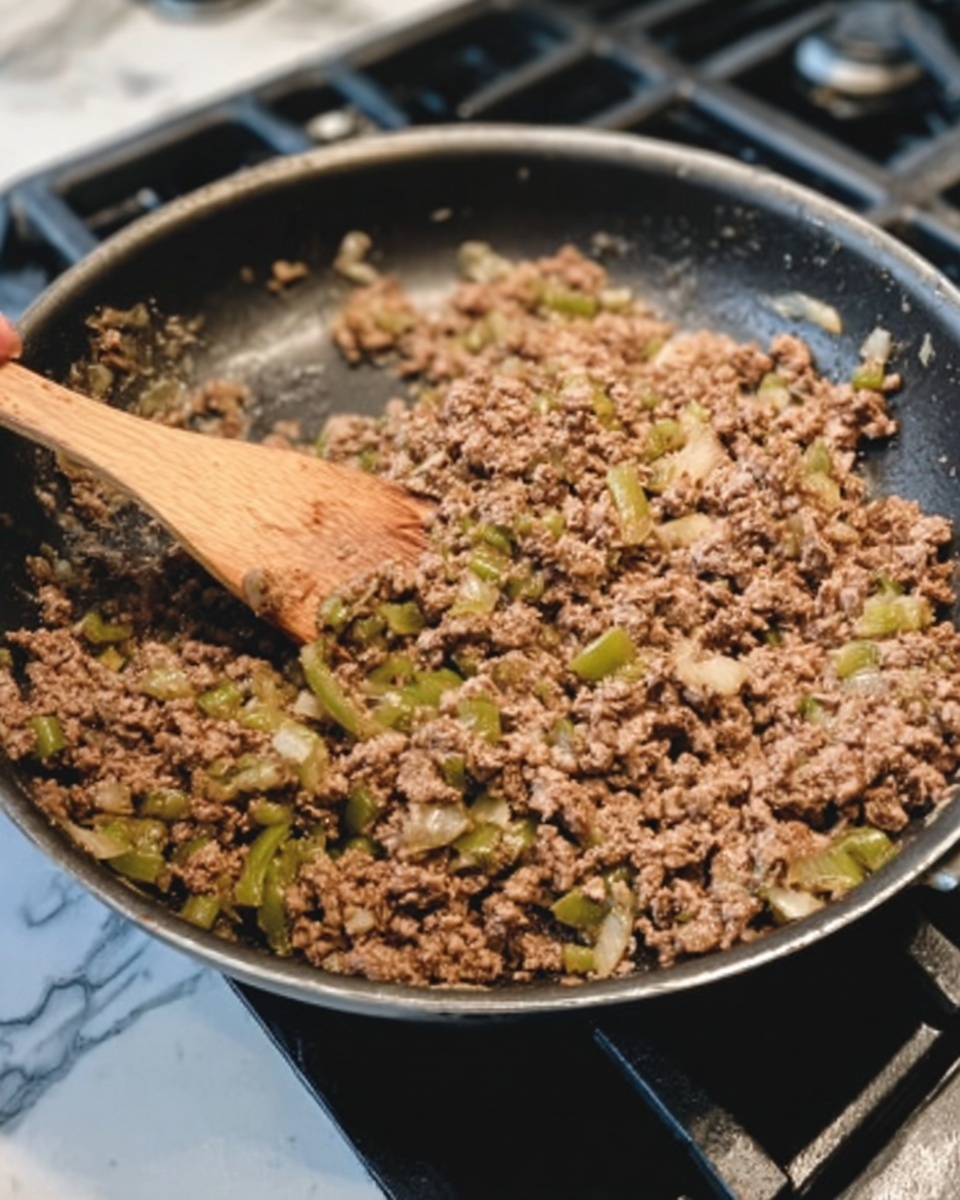 The image shows a close-up of browned ground meat spread unevenly over a dark cooking pan. A wooden spoon with three long holes rests on the left side of the pan, partially covered with some of the cooked meat. The meat pieces are small, crumbly, and have a rich brown color with a slightly rough texture. The background surrounding the pan is a white marbled surface. Photo taken with an iphone --ar 4:5 --v 7
