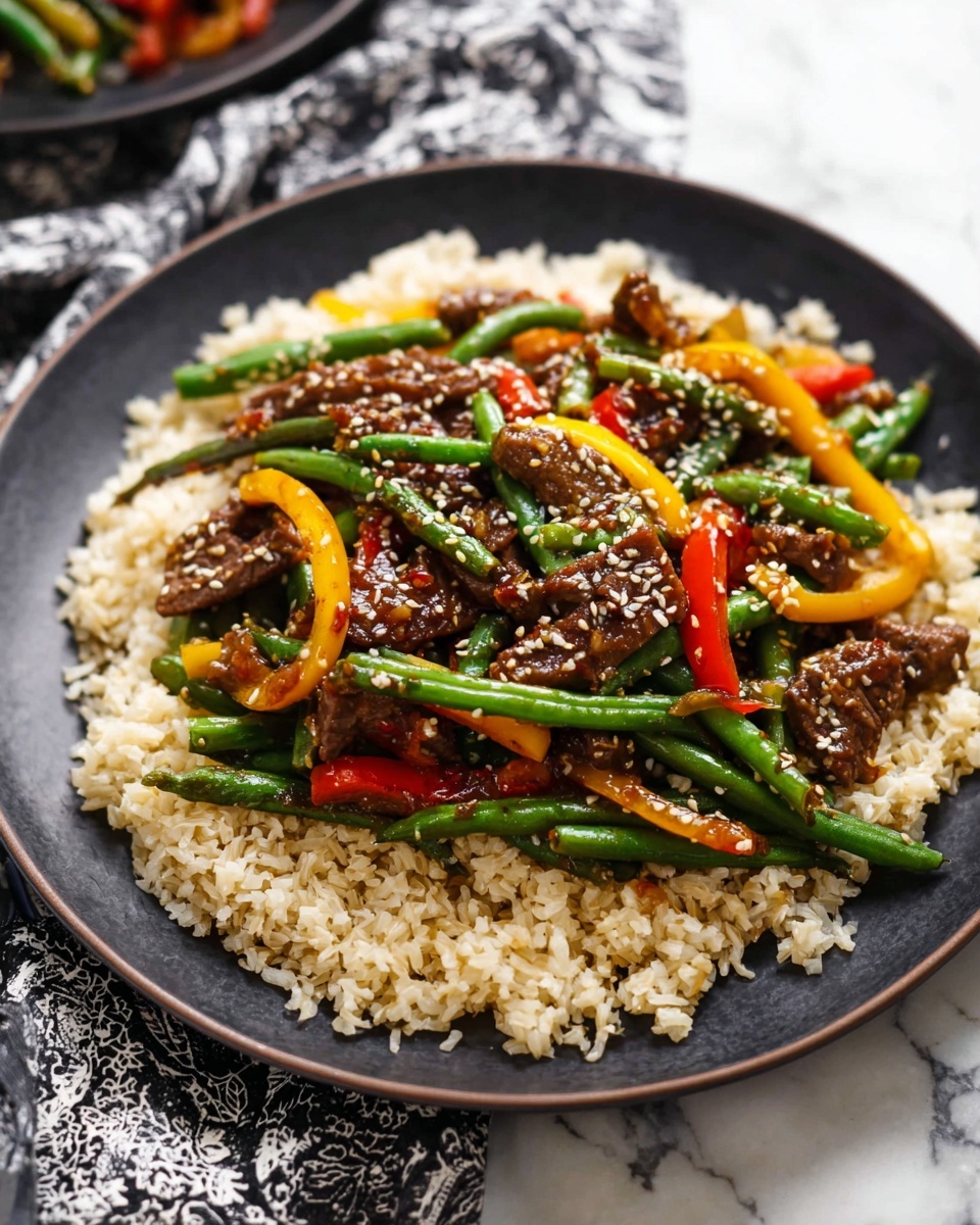 A dark grey plate holds a base layer of light brown cooked rice with a soft, fluffy texture. On top, there is a thick layer of stir-fried ground meat mixed with green beans, thin strips of red and yellow bell peppers, and small pieces of green onions, all coated in a shiny dark brown sauce. The dish is sprinkled with white sesame seeds, adding a slight contrast. The plate sits on a white cloth with a black geometric pattern, placed on a surface with a white marbled texture. Photo taken with an iphone --ar 4:5 --v 7
