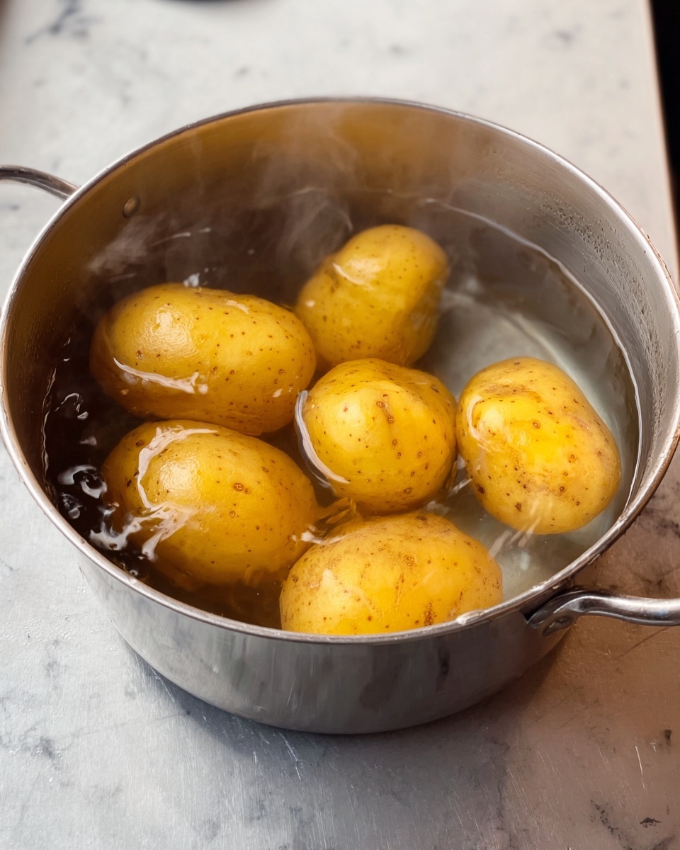 A silver pot filled with clear water shows five yellow potatoes with light brown specks boiling, their smooth skins partially submerged and gently moving with the water. The pot is set on a surface with white marbled texture, and steam rises softly in the background. The image captures the potatoes close-up, emphasizing their round shapes and subtle skin details. Photo taken with an iphone --ar 4:5 --v 7