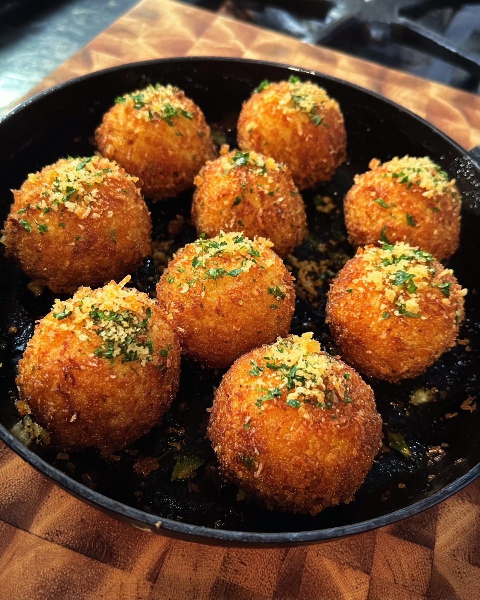 Nine round balls of crispy golden brown fried food are arranged in a black pan, each topped with small bits of green herbs and light yellow crumbs. The balls have a crunchy texture on the outside and sit on the pan that rests on a wooden cutting board with a patterned surface. The shot is close up, showing the detailed crunchy coating on each ball. Photo taken with an iphone --ar 4:5 --v 7