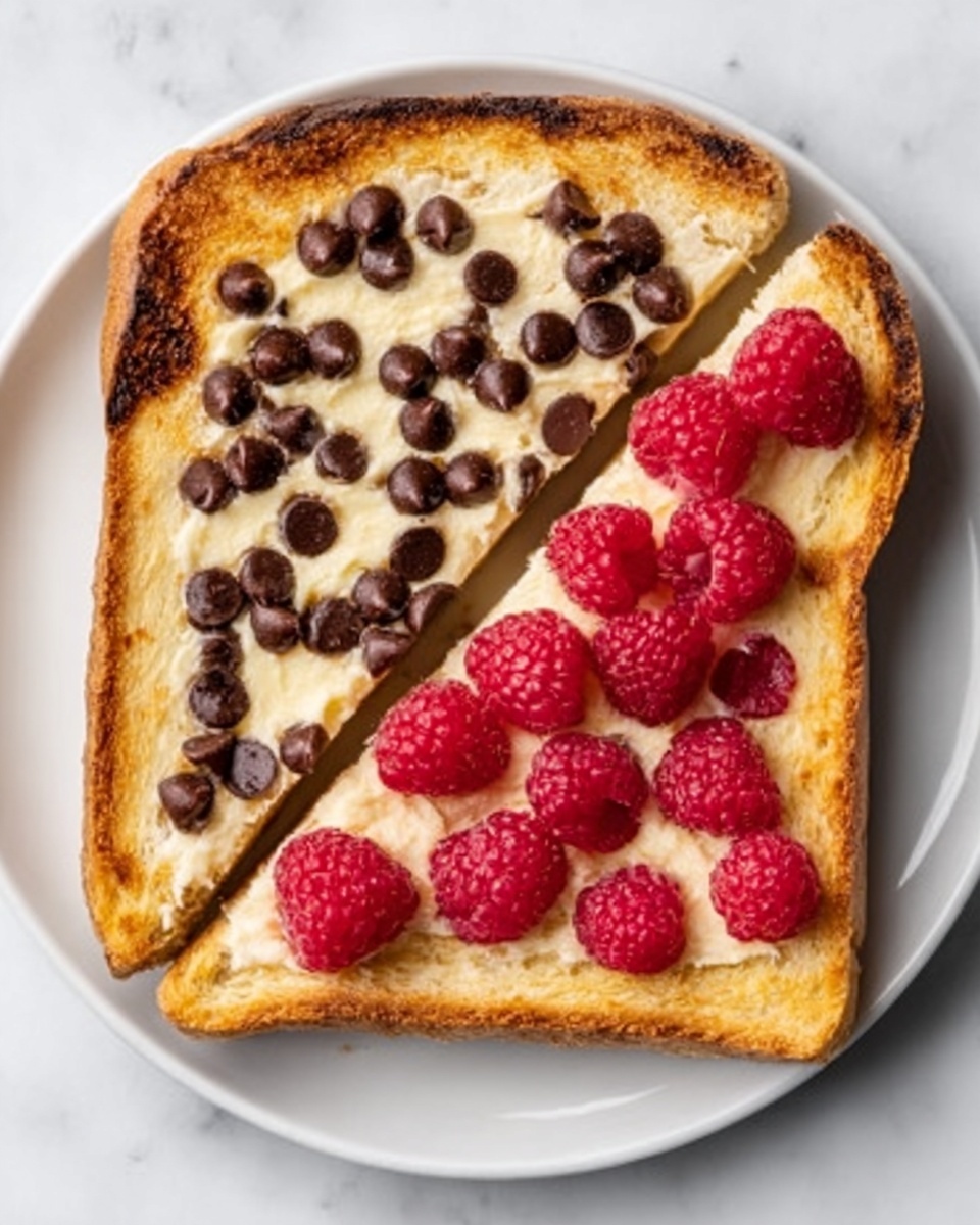 The image shows two slices of white toast on a white plate, each slice cut in half diagonally. Each slice is topped with a creamy spread covering the whole surface. One half of each slice has shiny chocolate chips scattered evenly, while the other half has fresh, red raspberries placed closely together. The toast is golden brown with slightly darker edges. The plate is set on a white marbled surface. Photo taken with an iphone --ar 4:5 --v 7