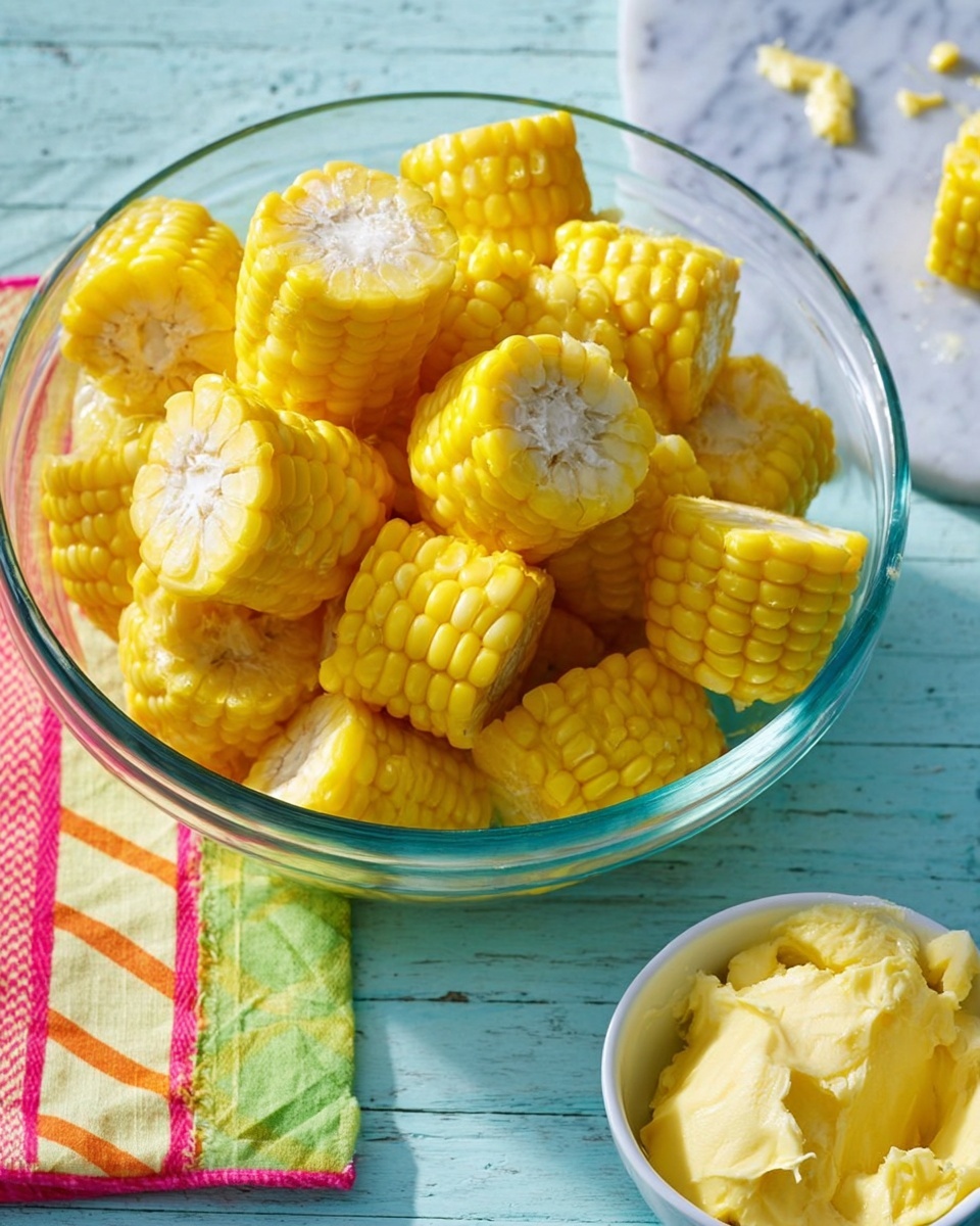 A clear glass bowl filled with bright yellow corn pieces, each cut into thick rounds showing kernels and white inner core, sits on a light blue wooden surface. Nearby is a small white bowl containing soft yellow butter with smooth texture, partially scooped out. The background has a white marbled texture visible in some parts and a colorful striped cloth with green, orange, and pink lines. The overall scene is bright and fresh. photo taken with an iphone --ar 4:5 --v 7