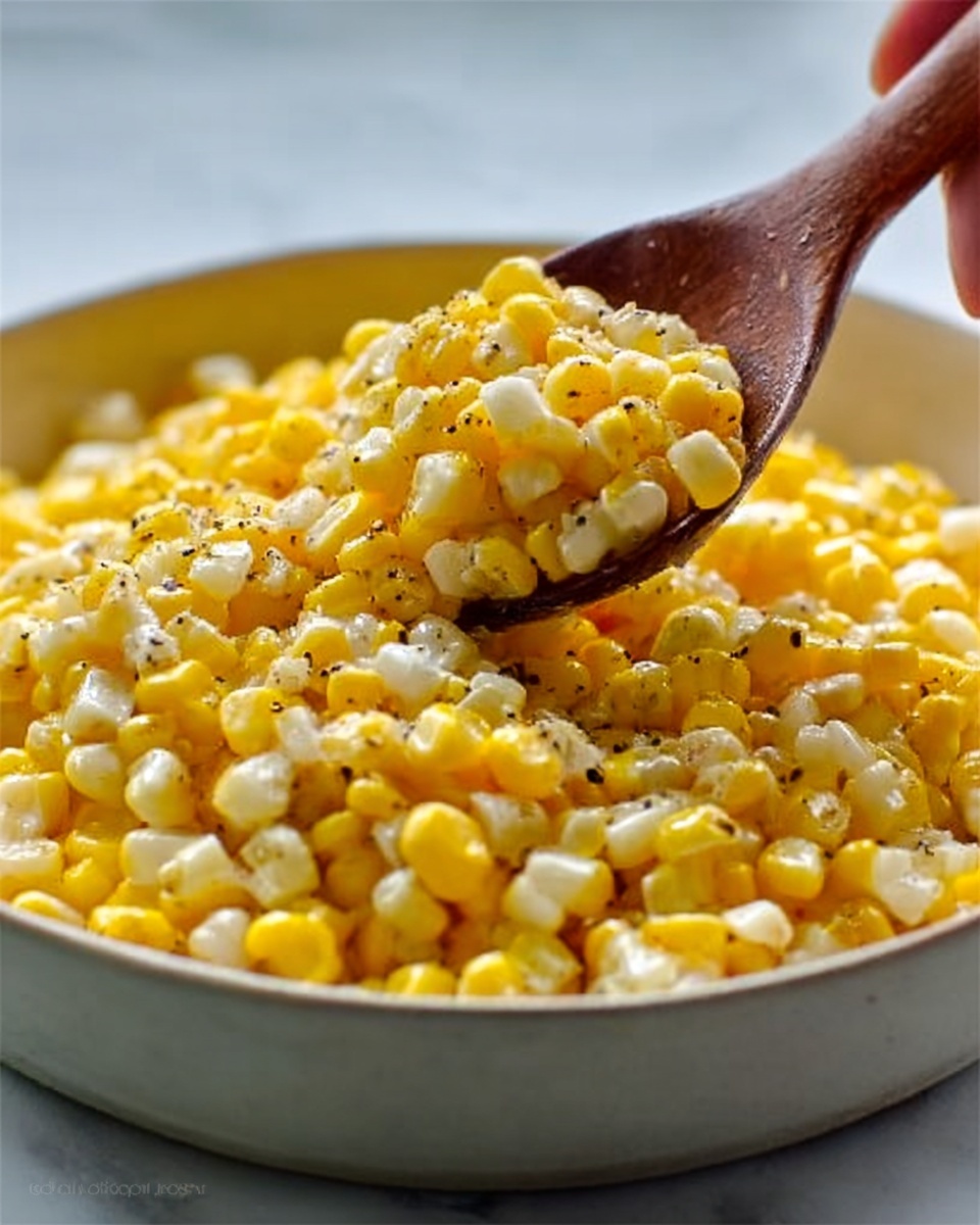 The image shows a close-up view of a white bowl filled with yellow and white corn kernels layered together, with a mix of melted butter and small black pepper flakes scattered on top. A woman's hand is holding a wooden spoon scooping up some corn from the bowl. The corn looks soft and slightly shiny, with some pieces having a smoother white texture and others bright yellow. The bowl is placed on a white marbled surface with soft lighting that highlights the shine on the corn and butter. photo taken with an iphone --ar 4:5 --v 7