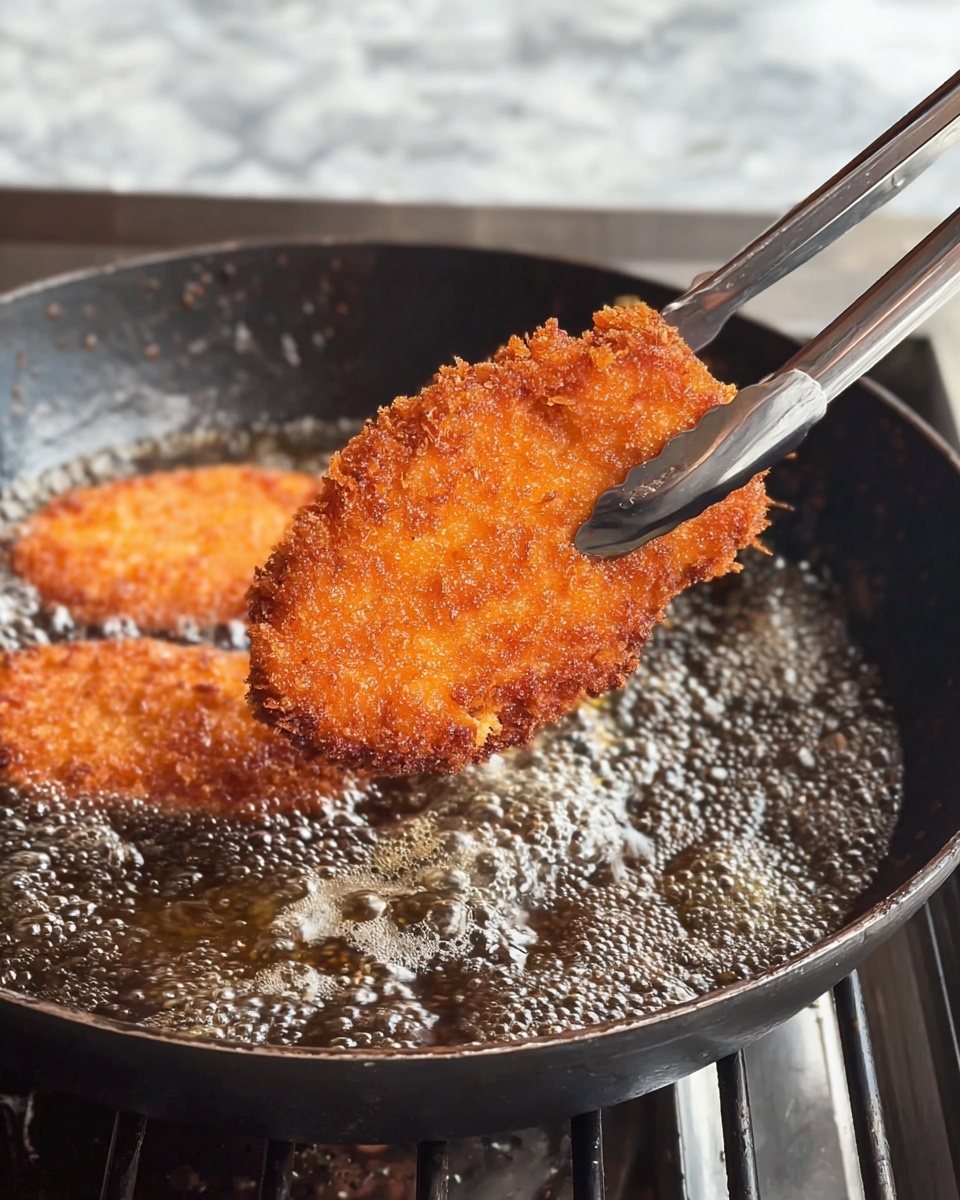 A crispy, golden-brown fried piece of food is held by metal tongs above a black pan filled with bubbling hot oil. Another similar piece is frying inside the pan. The fried piece has a rough, crunchy texture and a warm orange-brown color. The pan sits on a grill, and the background shows a white marbled texture surface. photo taken with an iphone --ar 4:5 --v 7