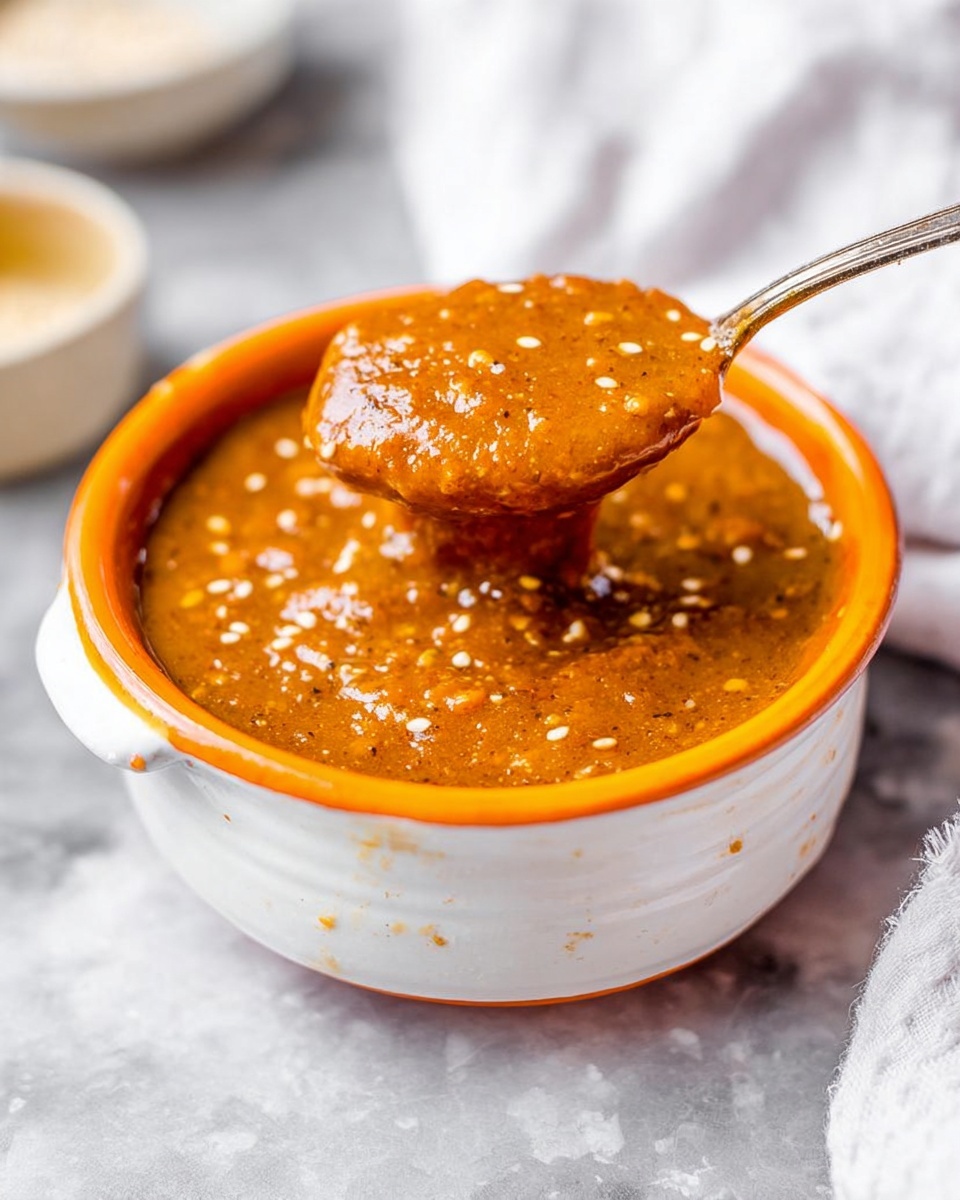 A close-up image shows a thick orange-brown sauce with visible white mustard seeds, with a spoon lifting some sauce out of a small white bowl that has an orange interior. The bowl sits on a white marbled surface. The sauce has a chunky texture with small bits and a glossy finish. In the background, a blurred white cloth and a small white bowl can be seen. Photo taken with an iphone --ar 4:5 --v 7