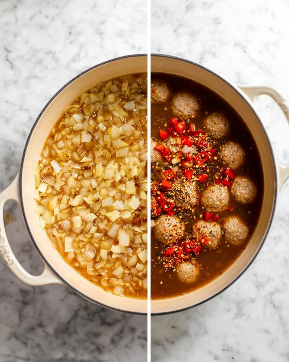 The image shows two side-by-side shots of a white pot on a white marbled surface. The left side shows the pot with a layer of cooked small chopped onions that are soft and lightly golden, covering the bottom. The right side shows the pot filled with a brown broth base, floating with small meatballs, light red diced bell peppers, and sprinkled herbs and crushed red pepper flakes on top, adding texture and color contrast. The pot's handles and interior are visible, and the white marbled surface provides a clean, bright background. photo taken with an iphone --ar 4:5 --v 7