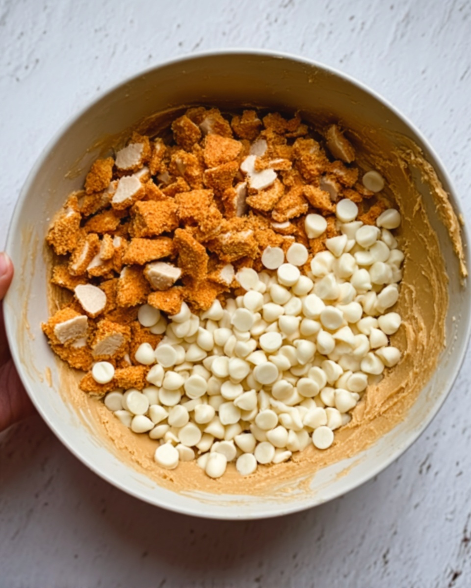 Banana Pudding Rice Krispie Treats Recipe 4 A white bowl on a white marbled surface contains a layered mix of ingredients. The bottom layer is a smooth, light brown dough spread evenly. On top of the dough, there are two sections: one side is covered with chopped pieces of orange and light brown crunchy cookies, and the other side is filled with small, round white chocolate chips. A woman's hand is holding the bowl. Photo taken with an iphone --ar 4:5 --v 7
