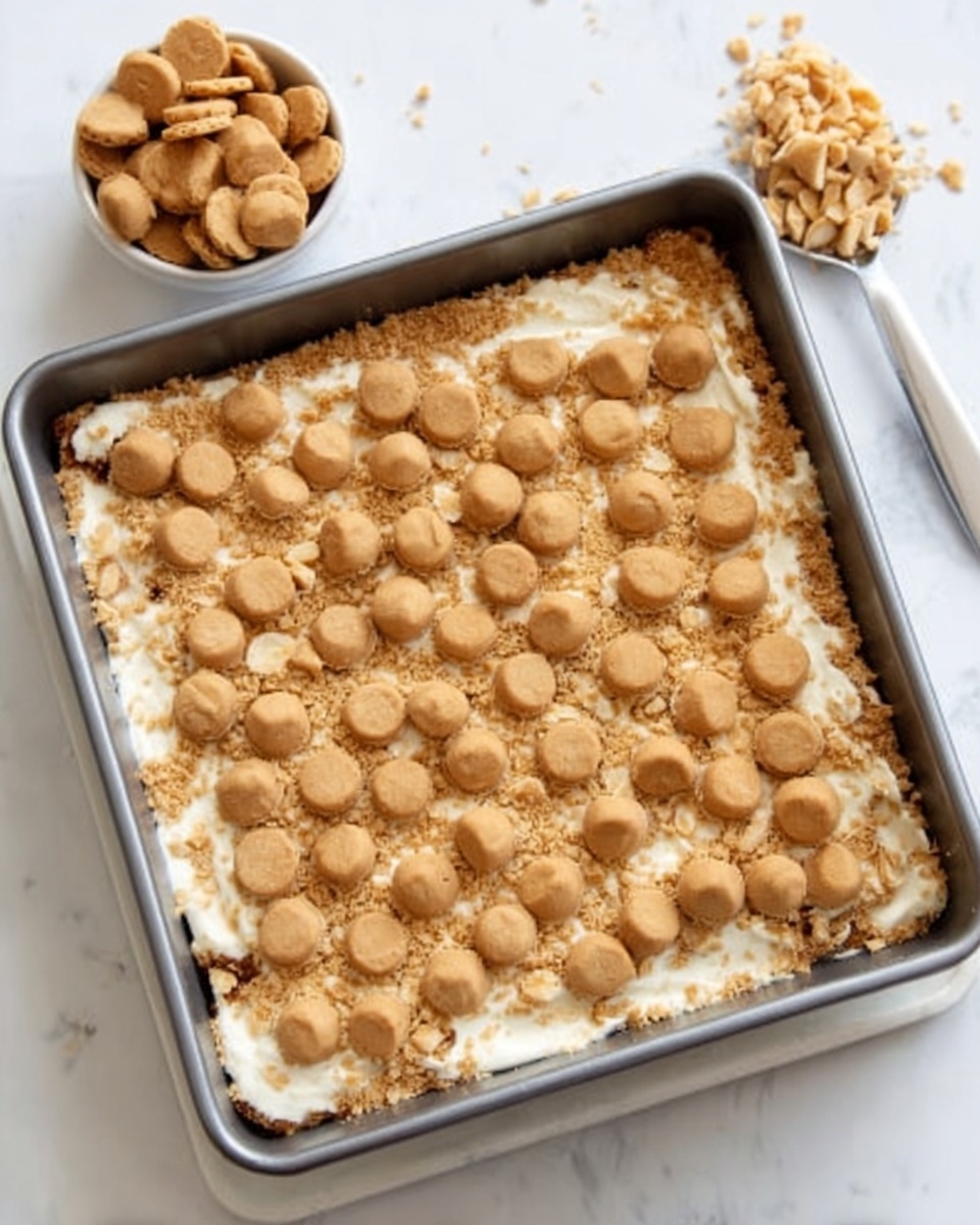 Banana Pudding Rice Krispie Treats Recipe 5 A square baking pan filled with a layered dessert, topped with small round light brown cookie pieces evenly spread across the surface. Underneath the cookies, there is a creamy mixture with a slightly crumbly texture, visible between the cookie pieces. The pan is resting on a white marbled surface, with a small bowl of extra cookies placed nearby. Photo taken with an iphone --ar 4:5 --v 7