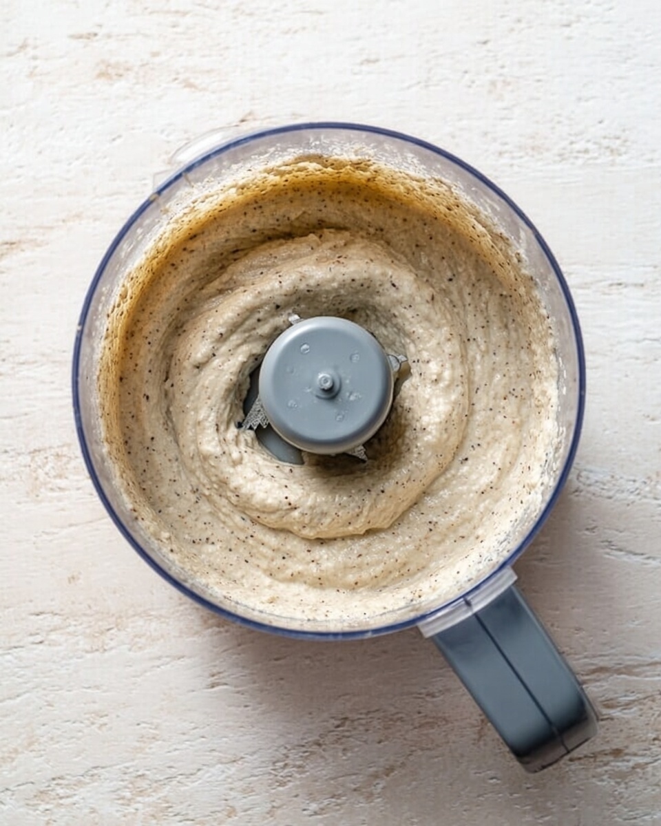 A clear round food processor bowl filled with a light beige creamy mixture with small dark specks, showing a smooth and thick texture with slight uneven swirls around the central blade. The bowl has a gray handle on the right side and is placed on a white marbled surface, lit with soft natural light that highlights the mixture and the transparent plastic bowl. photo taken with an iphone --ar 4:5 --v 7