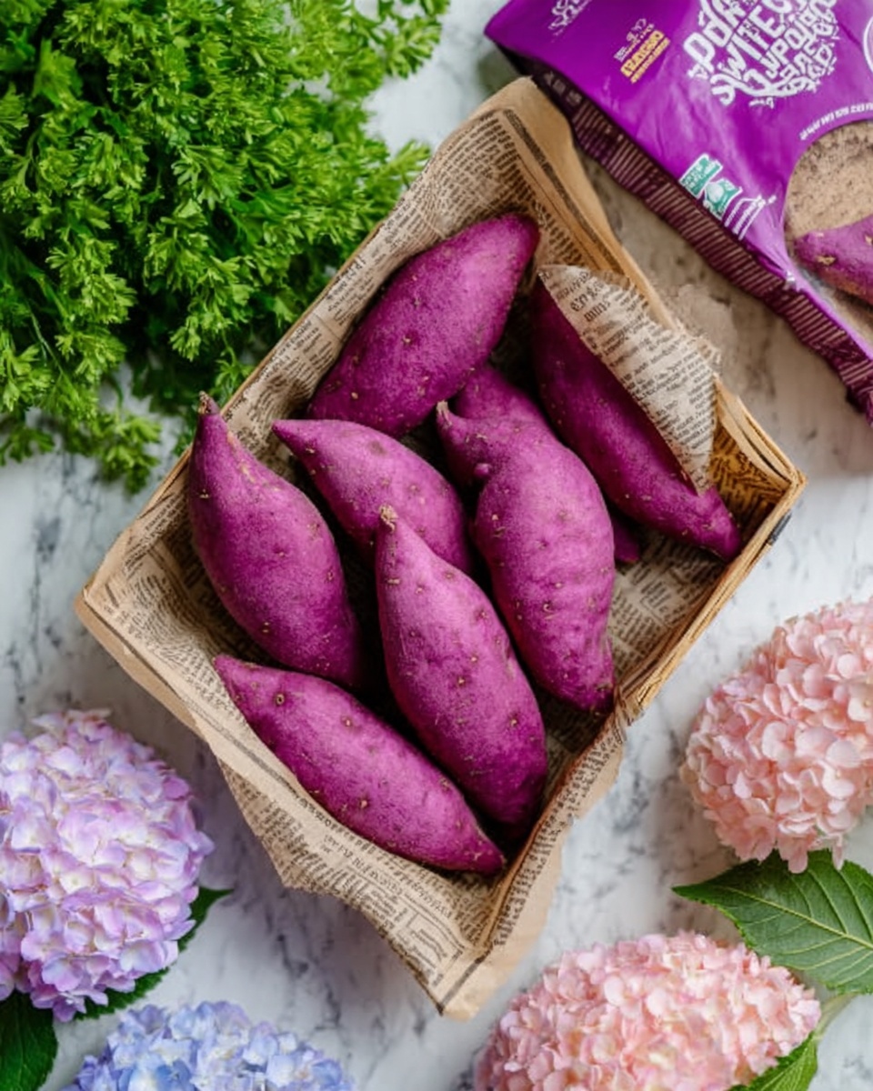 The image shows several purple sweet potatoes arranged neatly inside a small basket lined with newspaper. The sweet potatoes have a smooth, slightly shiny texture and a deep purple color. The basket is placed on a white marbled surface, surrounded by a bunch of fresh green parsley on the left and two pastel-colored hydrangea flowers, one light purple and one light pink, adding a soft touch to the scene. A partially visible purple packaging bag with white text is in the upper part of the image, leaning against the basket. Photo taken with an iphone --ar 4:5 --v 7