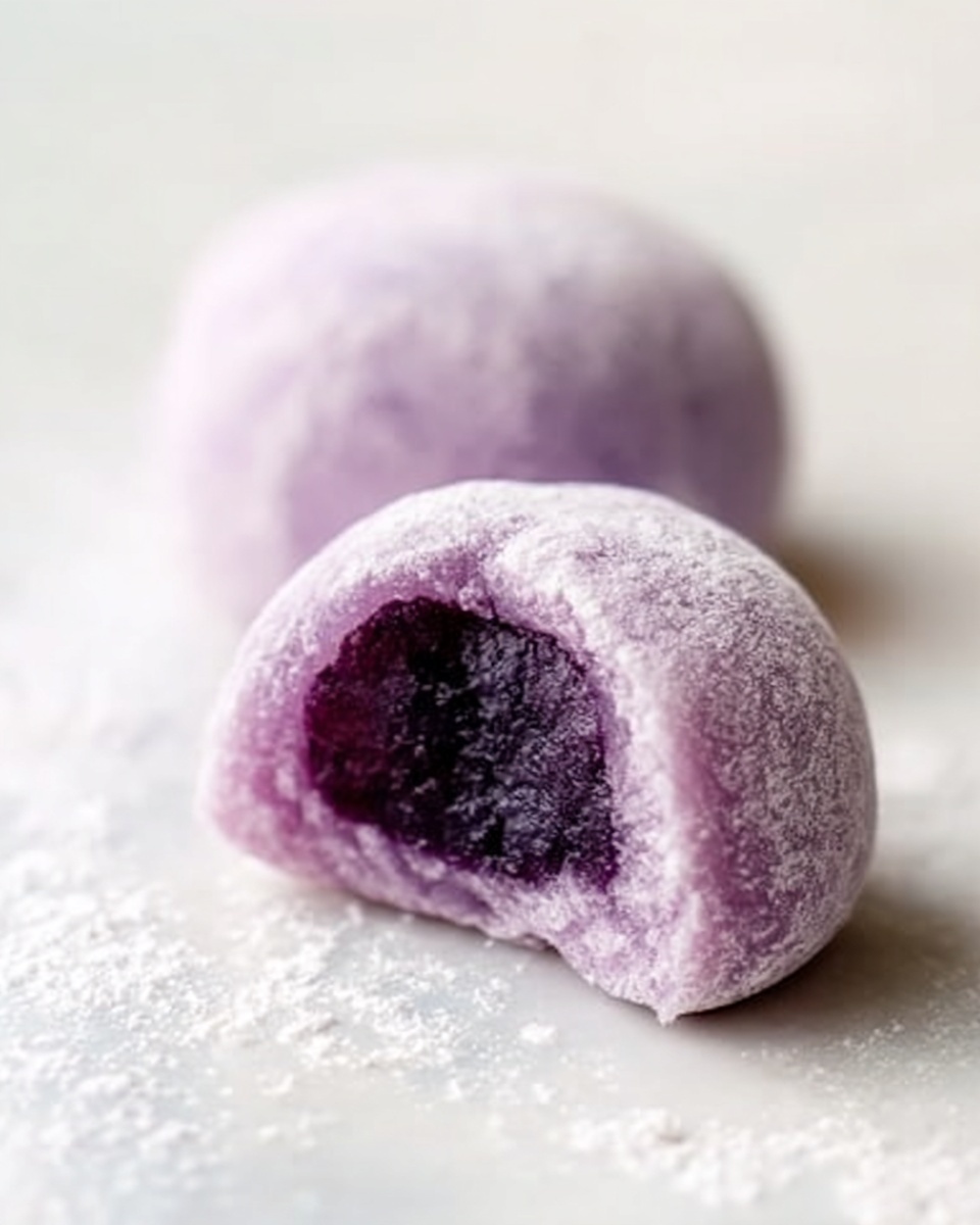 The image shows two small round purple mochi pieces on a white marbled surface. One mochi is whole, smooth, and slightly powdery with a soft purple color. The other mochi is in front with a bite taken out, revealing a dark purple filling inside a soft dough layer. The overall look is soft and delicate, with the focus on the texture of the mochi and its rich purple colors. Photo taken with an iphone --ar 4:5 --v 7