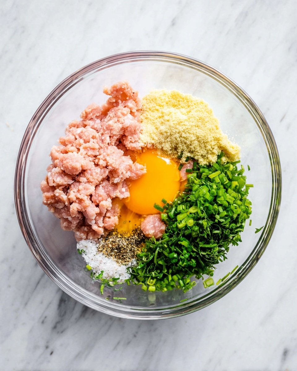 A transparent glass bowl sits on a white marbled surface, filled with fresh ingredients arranged separately. There is one large layer of pale pink ground meat on the left side. Above it, a layer of bright orange liquid, likely egg yolk, shines. To the top right of the meat, there are pale yellow and light beige crumbs or powders. Fresh, finely chopped green herbs and scallions are heaped on the bottom right side. Small amounts of white salt and black pepper specks are sprinkled near the bottom left, close to the meat and greens. The different colors and textures are clearly visible and not yet mixed, showing a raw and fresh preparation state. Photo taken with an iphone --ar 4:5 --v 7