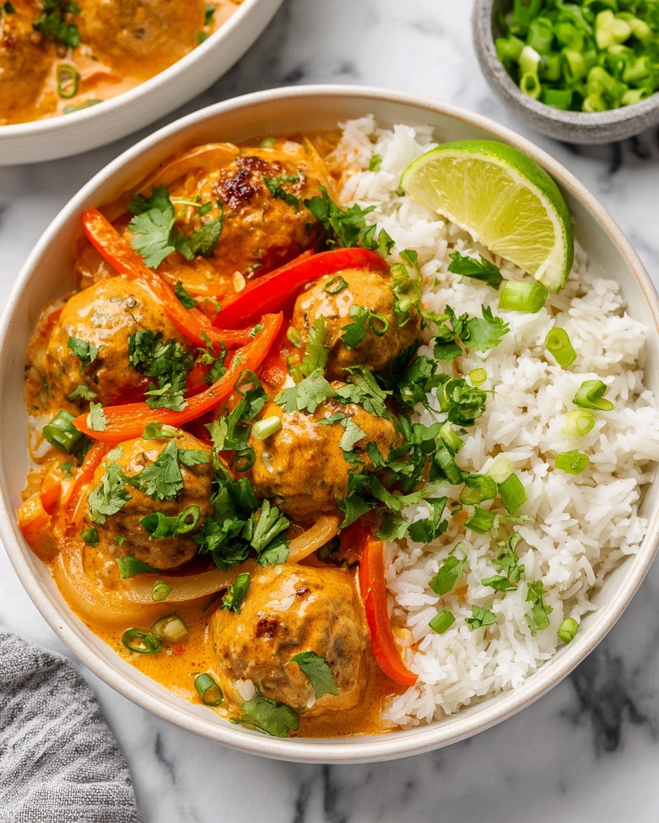 The dish shows a white bowl filled with three clear layers: a bottom layer of white rice with separate grains, a middle layer of orange creamy sauce mixed with light brown meatballs and thin slices of red and orange peppers and onions, and a top layer of fresh green cilantro and chopped green onions scattered around. A bright green lime wedge sits on the side of the bowl, adding a fresh contrast. The background is a white marbled texture with a small gray bowl of chopped green onions visible nearby. photo taken with an iphone --ar 4:5 --v 7