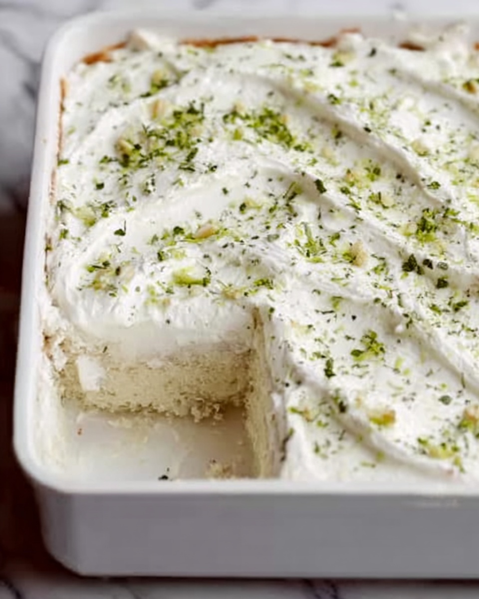 A white rectangular dish filled with a creamy, layered casserole. The top has thick, smooth white sauce spread evenly, with small green herb pieces sprinkled all over. One corner is missing, showing a soft, light beige inside layer with a moist texture. The dish sits on a white marbled surface. Photo taken with an iphone --ar 4:5 --v 7