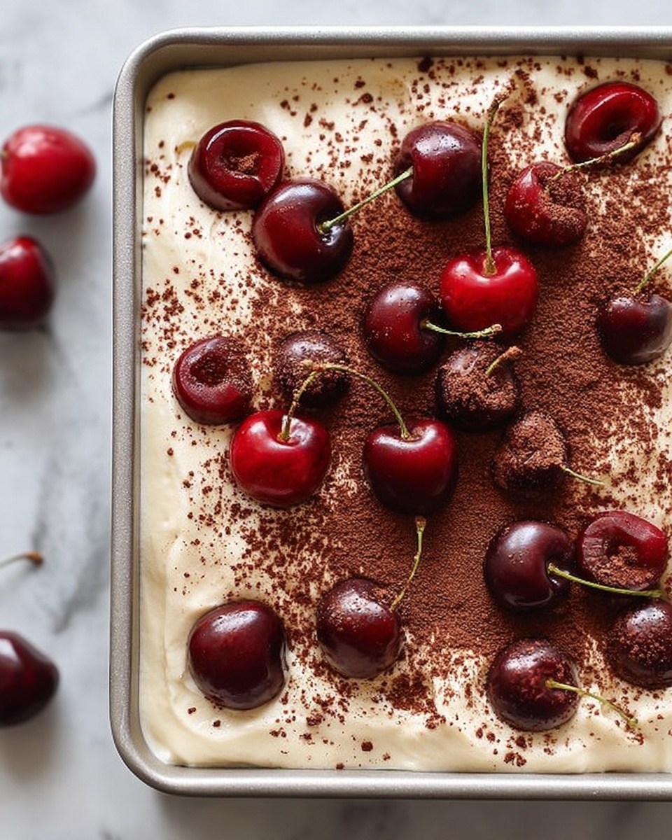 This image shows a square metal baking pan filled with a creamy, smooth white layer that looks soft and thick. On top of this creamy base, there is a dusting of fine, dark brown cocoa powder spread unevenly. Scattered across the top are fresh red and dark red cherries, each with a shiny surface and some with stems still attached. The pan sits on a white marbled textured surface, and the colors of the cherries stand out vividly against the white cream and dark cocoa powder. photo taken with an iphone --ar 4:5 --v 7