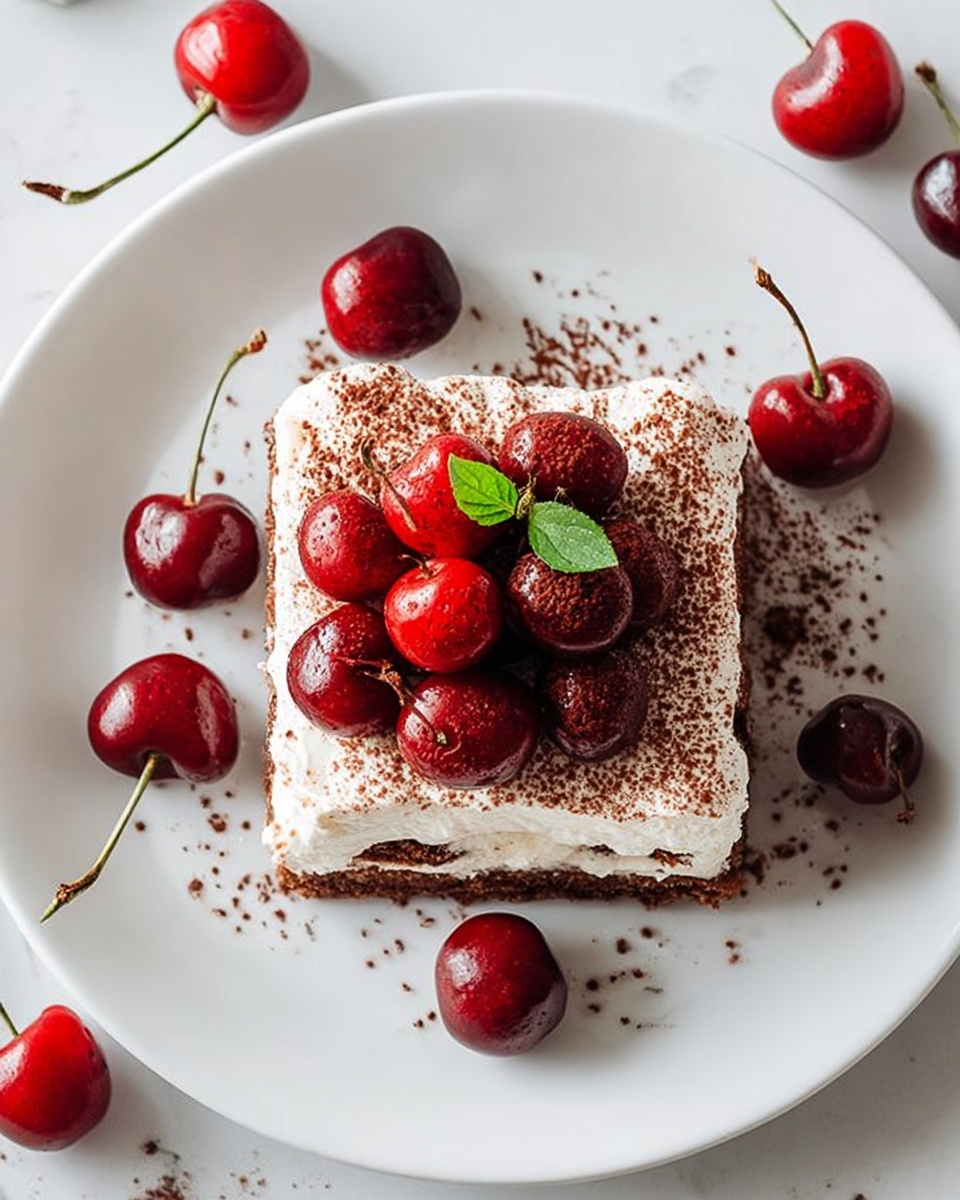 A white plate sits on a white marbled surface, holding a square dessert with three layers: a bottom dark brown cake layer, a middle creamy white layer, and a top layer of white cream dusted with cocoa powder. On top of the cream, there is a cluster of bright red cherries with one small green leaf for decoration. More whole cherries with stems surround the dessert on the plate and the marbled surface. Photo taken with an iphone --ar 4:5 --v 7