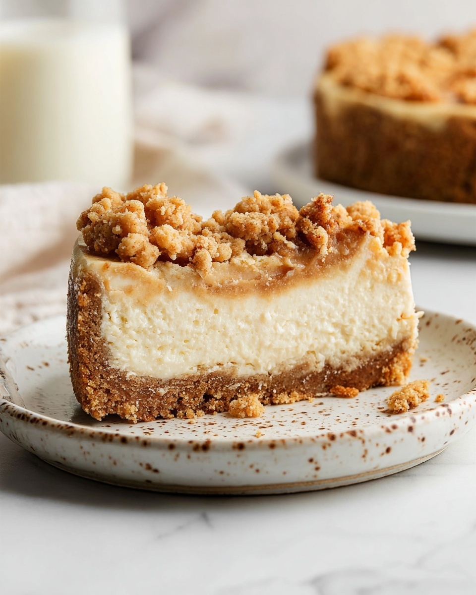 A close-up of a slice of cheesecake with three main layers sits on a white plate with brown speckles, placed on a white marbled surface. The bottom layer is a thick, golden-brown crumb crust with a slightly rough texture. Above it is a thick, smooth, creamy beige cheesecake layer. The top layer consists of a crumbly, uneven streusel topping made of small chunks in light golden and tan tones. In the background, a blurred glass of milk and a white plate with another slice of the same cheesecake are visible. photo taken with an iphone --ar 4:5 --v 7