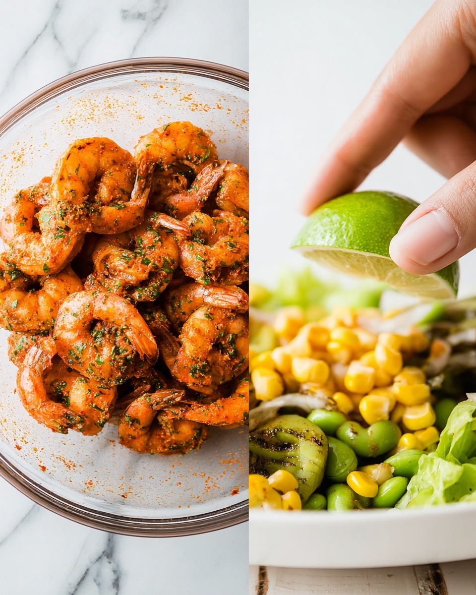 The image is divided into two parts: on the left, a top-down view of raw shrimp coated with a reddish-orange spice mixture with green herb bits, all inside a clear glass bowl set on a white marbled surface; on the right, a close-up of a woman's hand squeezing half a bright green lime with a juicy, bumpy texture, and below it is a colorful plate of cooked shrimp mixed with vibrant yellow corn, dark green edamame, and fresh green lettuce, all on a white plate against the white marbled background, photo taken with an iphone --ar 4:5 --v 7