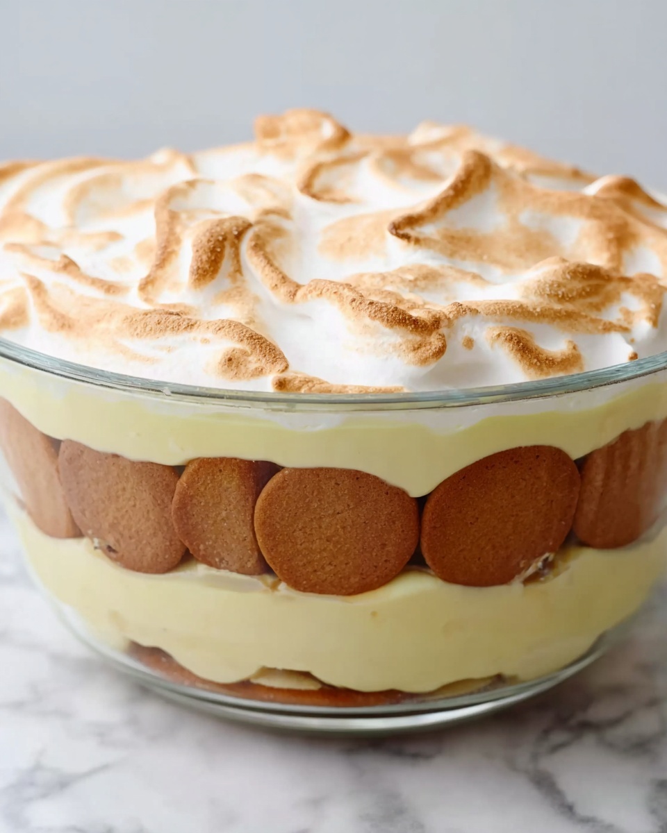 A clear round glass bowl shows three visible layers of a dessert on a white marbled surface. The bottom layer has round, brown cookies standing vertically, tightly packed around the bowl's side. The middle layer is smooth and creamy pale yellow, filling the space inside the circle of cookies. The top layer is light and fluffy with a toasted golden-brown peak and soft white swirls, looking like meringue spread unevenly on top. The photo was taken with an iphone --ar 4:5 --v 7
