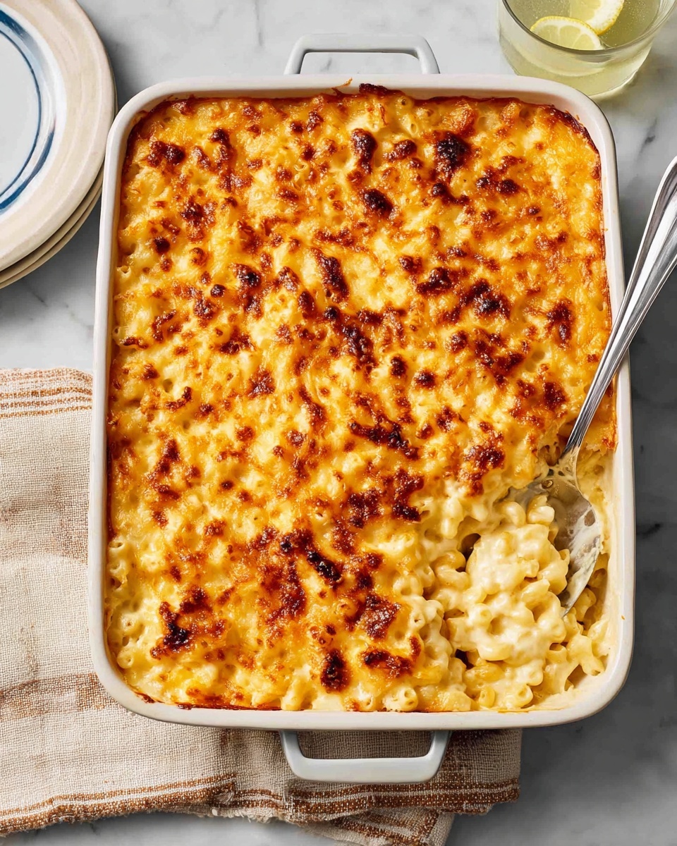A white rectangular baking dish filled with a thick layer of macaroni and cheese topped by a golden-brown crispy cheese crust with uneven browning spots, revealing creamy, soft macaroni underneath at the corner where a silver spoon is scooping some out. The dish is set on a white marbled surface with a beige striped cloth napkin beneath it, and a glass of lemon drink is visible in the background. Photo taken with an iphone --ar 4:5 --v 7