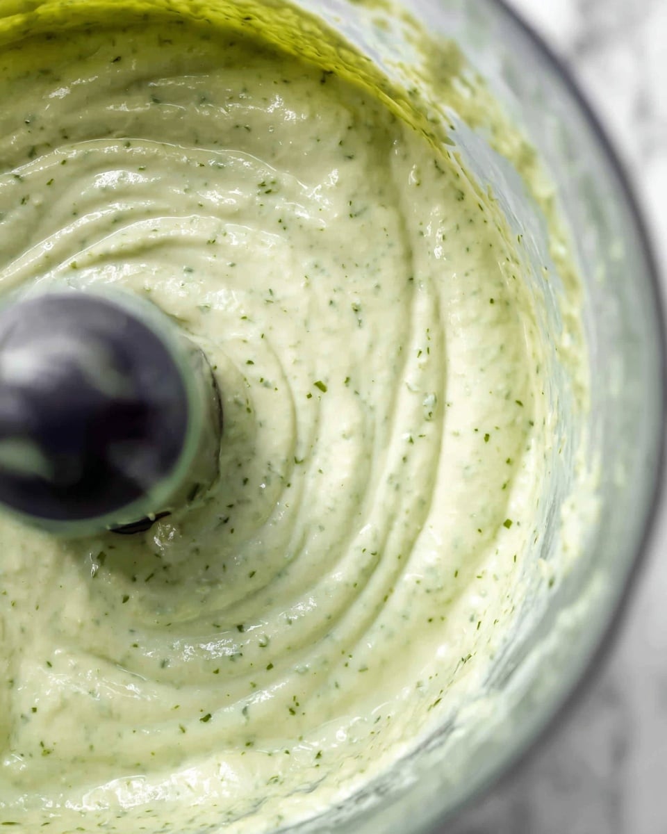 A close-up view inside a clear food processor bowl showing a single creamy, pale green layer of thick sauce with small green herb bits spread evenly. The sauce has a smooth, slightly bumpy texture and swirls on the top surface. The background features a white marbled texture, and the food processor blade is visible in the center, slightly blurred photo taken with an iphone --ar 4:5 --v 7