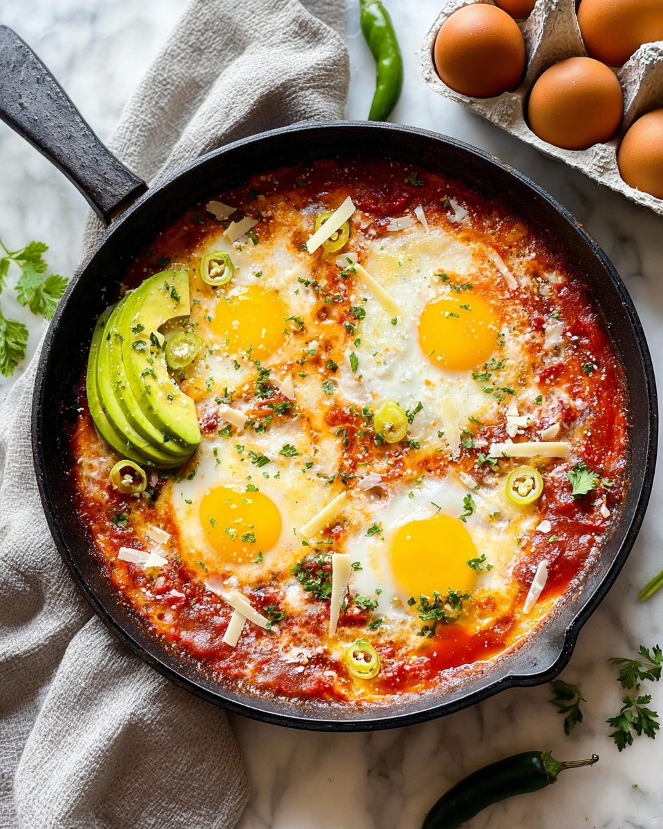 Huevos Rancheros Recipe 5 A black skillet contains four cooked eggs with bright yellow yolks and soft white edges nestled on a rich red tomato sauce base with visible chunks and a slightly bubbly texture. On top of the sauce layer, there are thin slices of green chili and shaved light beige cheese scattered evenly. A few small pieces of green parsley are sprinkled across the dish. Three thick slices of creamy green avocado rest on one side near one egg. The skillet is placed on a white marbled textured surface with a light gray cloth nearby. A carton with two brown eggs and some green chili peppers are also partially in view. Photo taken with an iphone --ar 4:5 --v 7