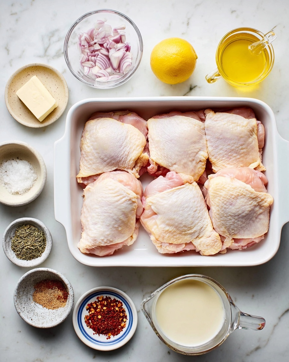 The image shows six raw chicken thighs with pale skin and pink flesh arranged in two rows inside a white rectangular baking dish. Around the dish, there are small white bowls holding ingredients: finely chopped shallots with a pale purple color, minced garlic in off-white, a pat of butter, a mix of ground spices in light brown and red tones, crushed red pepper flakes, and salt with pepper in a small round bowl made of gray marble. There is a halved yellow lemon, a clear glass measuring cup with a yellow liquid, and another measuring cup with an off-white creamy liquid. All items are placed on a white marbled surface. photo taken with an iphone --ar 4:5 --v 7